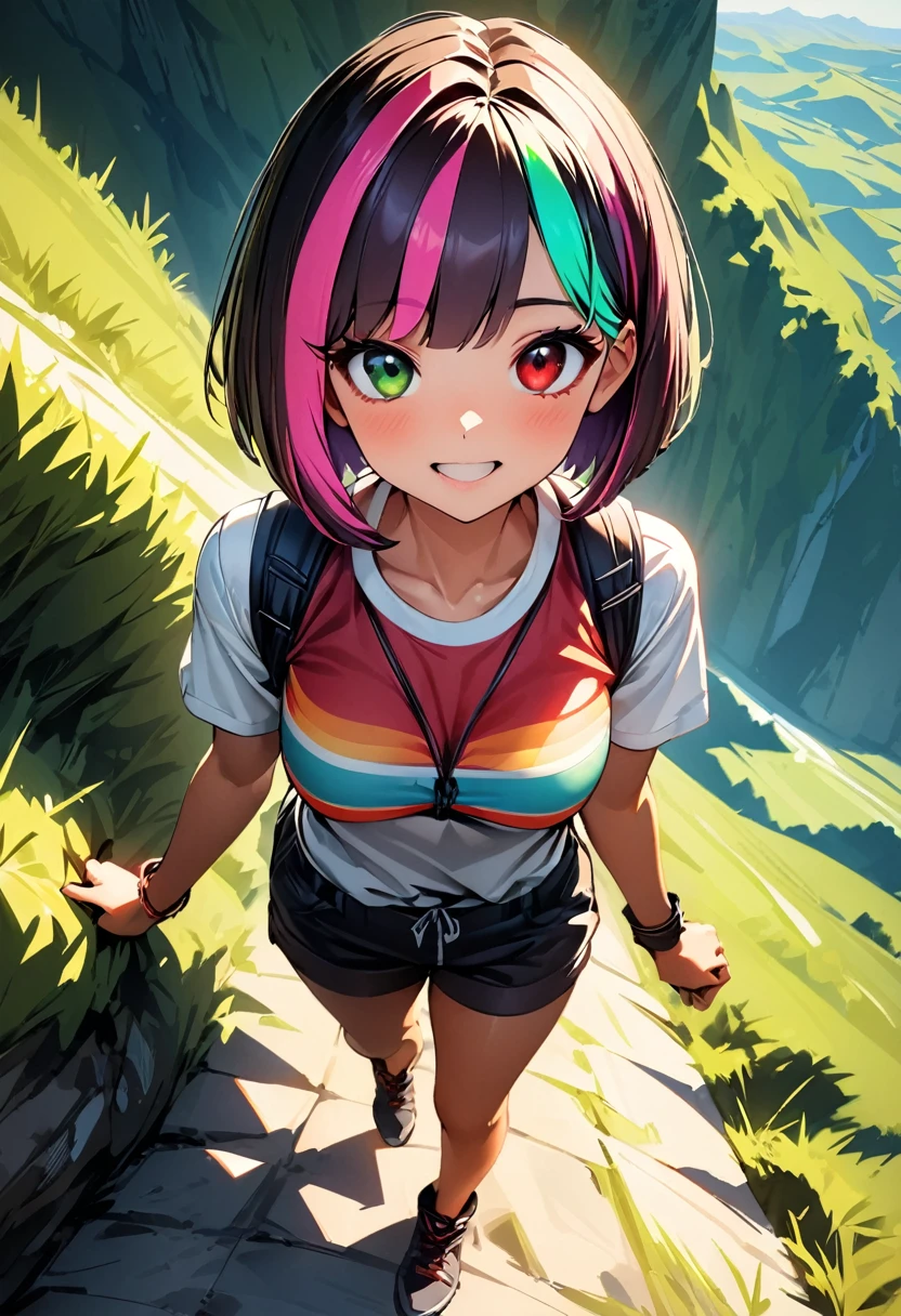 (highest quality:1.2, Very detailed, up to date, Vibrant, Ultra-high resolution, High Contrast, masterpiece:1.2, highest quality, Best aesthetics), Portraiture、girl、solo, (25-years-old:1.5), slim:0.7, heterrochromia, green eye, red eye, happy,summer trekking wear, trekking hat, hiking shoes, Bright colors、Beautiful fine details、Beautiful lip detail、extra short hair, ((bob cut:1.5))、pink and purple, ((streaked hair:1.9)), (highlights hair: 1.6), (medium breast:0.7), (tan skin:0.5),  (hiking in the summer green mountains:1), walking, (full body:1.8)