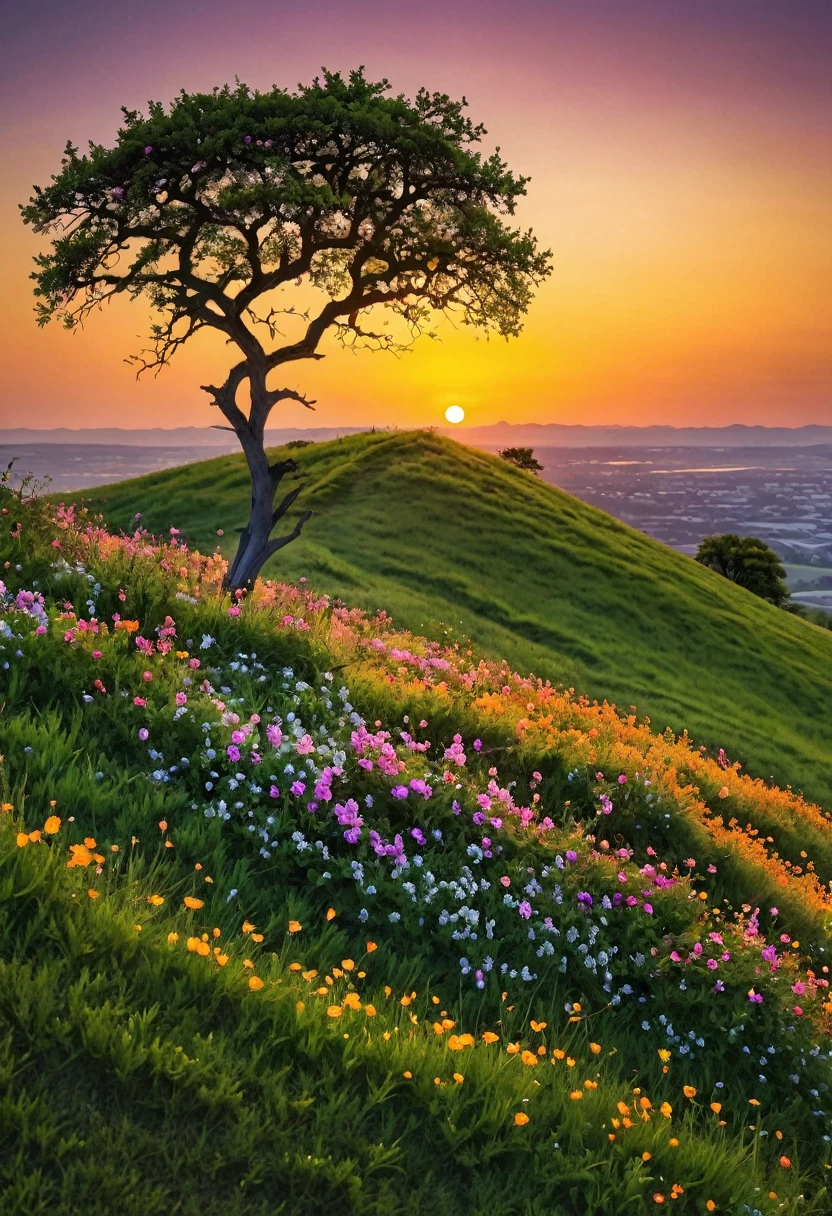 a tree on a hill with flowers around it, sunset background