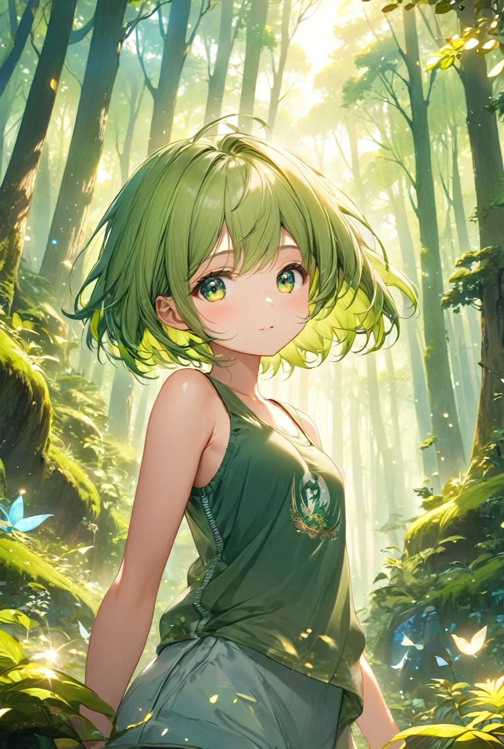 (Highest quality, 8k, 32K, masterpiece, Ultra-high resolution,:1.2),born, One girl,Super cute , Forest-like fantasy background, Clear, shining eyes, Age 25 ,Fair skin, Green Hair Girl, Tank top, short hair