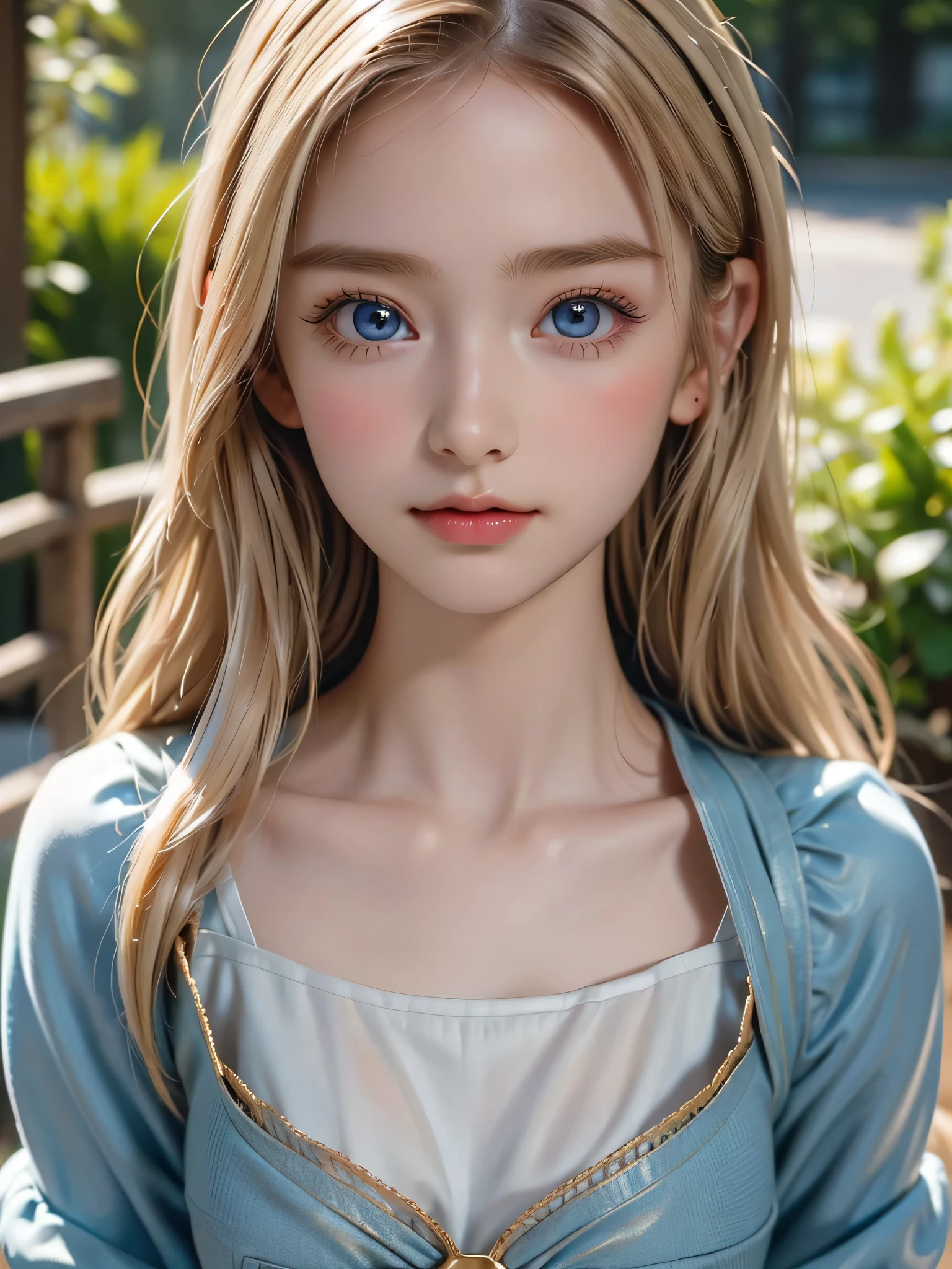 One Girl,(1人のとてもcute女の子:1.3),masterpiece,Highest quality,High resolution,From below,Low - Angle,Photorealistic,RAW Photos,Ray Tracing,Physically Based Rendering,beautiful girl,(12 years old:1.3),cute,Big Blue Eyes,(detailed pupils:1.2),(The face is facing straight ahead:1.3),Body facing forward,Beautiful nose,Upturned nose,Fuller lips,Platinum Blonde Hair,Detailed eyelashes,Thin eyebrows,Very fine grain definition,(Symmetrical eyes,Golden Ratio:1.3),(Face close-up,Face Focus:1.0),Small breasts,Short neck,Light blue dress,White apron,forest,Alice in Wonderland,Spring sunlight,Soft Light,Portrait,View Viewer,Upper Body,Cinema Lighting,High resolution,Very detailed