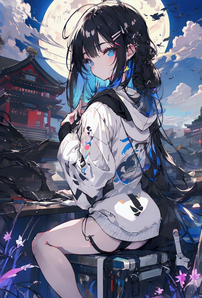 ((Raiden Shogun in Genshin Impact)),((semi long beautiful dark blue hair,beautiful blue eyes)),
((panty shot)),((lifting skirt)),((white panties focus)),
(low angle,from below),((masterpiece, highest resolution,best quality)),  (beautiful illustration), ((semi long beautiful black hair,blunt bangs,pony tail,beautiful eyes)),(solo),(Japanese high ,sailor,mini skirt),(looking at the viewer), (walking on the moon),(crater,night sky,moon surface,space craft,green earth),(innocent cute smile), (cinematic lighting),