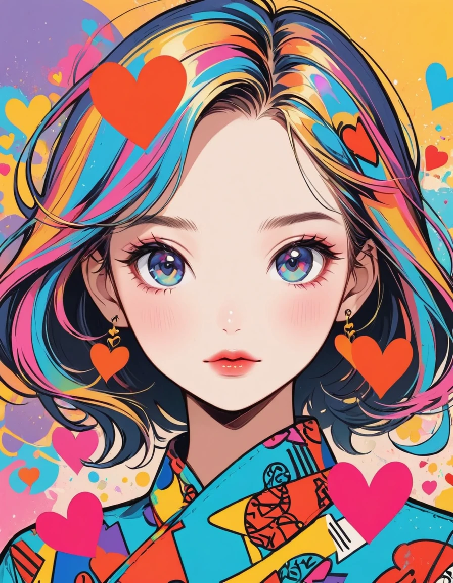 Keith Haring colorful style, Simple Line Initialism,Abstract art,Urban Background, (((The most beautiful girl of all time))), Sweet face. Lips in love, colorful hearts, stylish design, (((黒い瞳)))