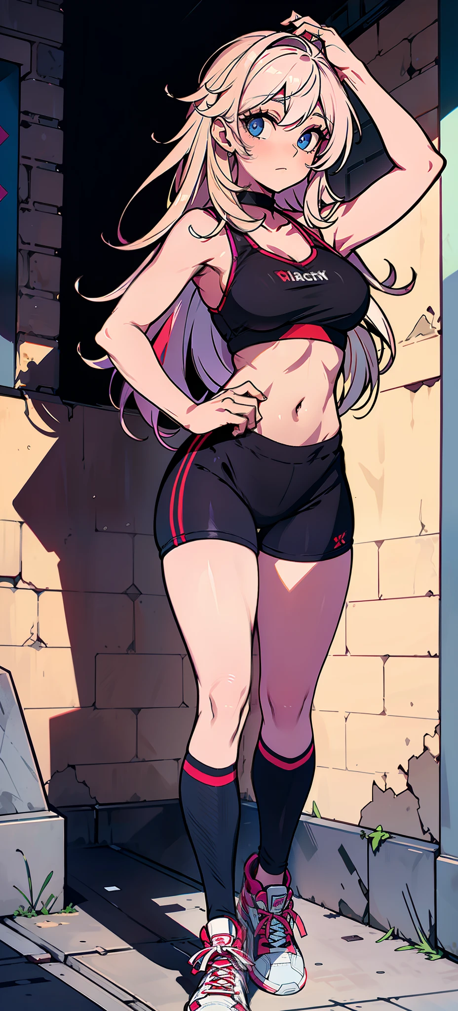 (masterpiece, best quality, 1girl, solo, intricate details, chromatic aberration), realistic, ((medium breath)),long hair, pink hair, red head ornament, pink highlights, hair over one eye,purple eyes, earrings, sharp eyes, choker, neon shirt, open jacket, crop top, (symmetry eyes),(perfect symmetrical body),against wall, brick wall, graffiti, dim lighting, alley ,look at viewer, woman at a gym, cute, front Pose, fitness girl, standing, erect Pose, symetrical, fitness model, skinny, Red sneakers, best qualityer, relaxed arms, hands down, ankle, fullbody view, stand straight with your back upright. Keep your shoulders back and maintain a straight line from your head to your feet, symmetrical frontal view, face aligned, 