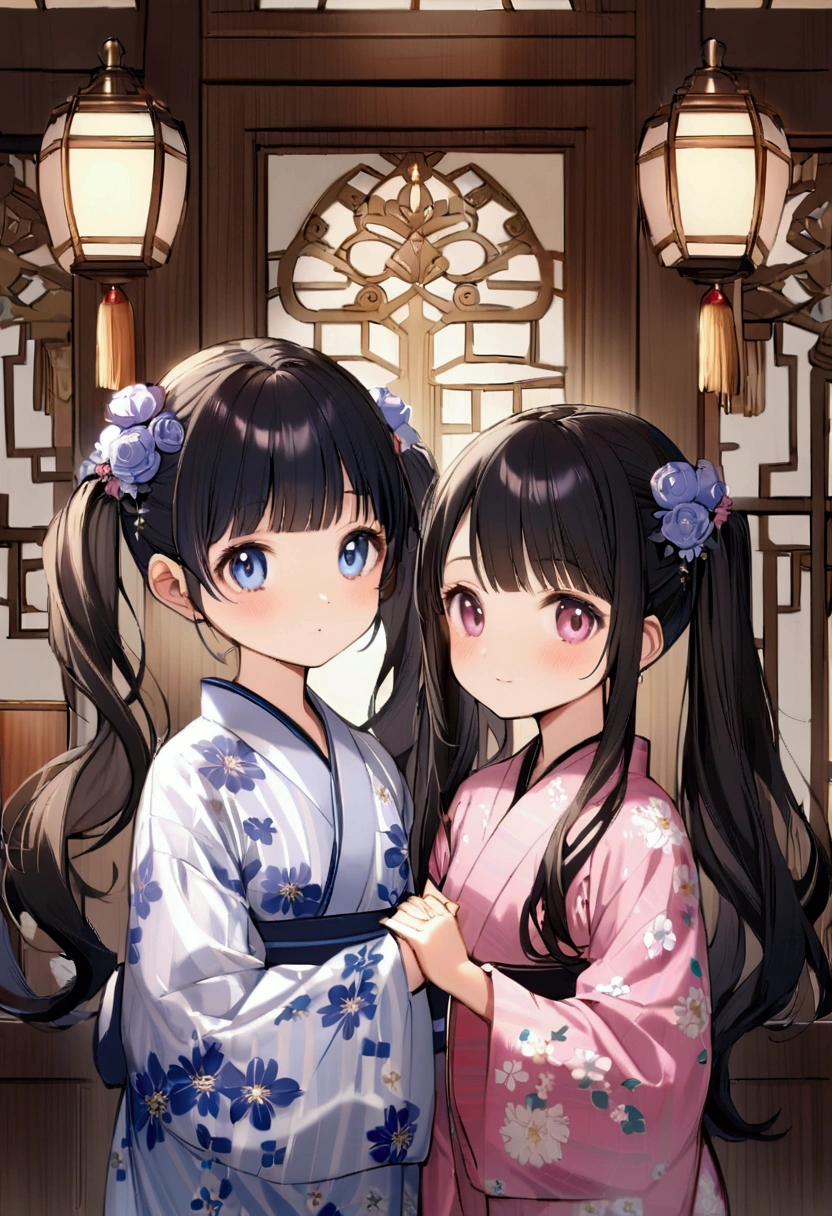 Two girls around 10 years old wearing yukata One of them was wearing a blue floral yukata and had black bob hair. One of them is wearing a pink floral yukata with twin tails. Both are the same age Same height