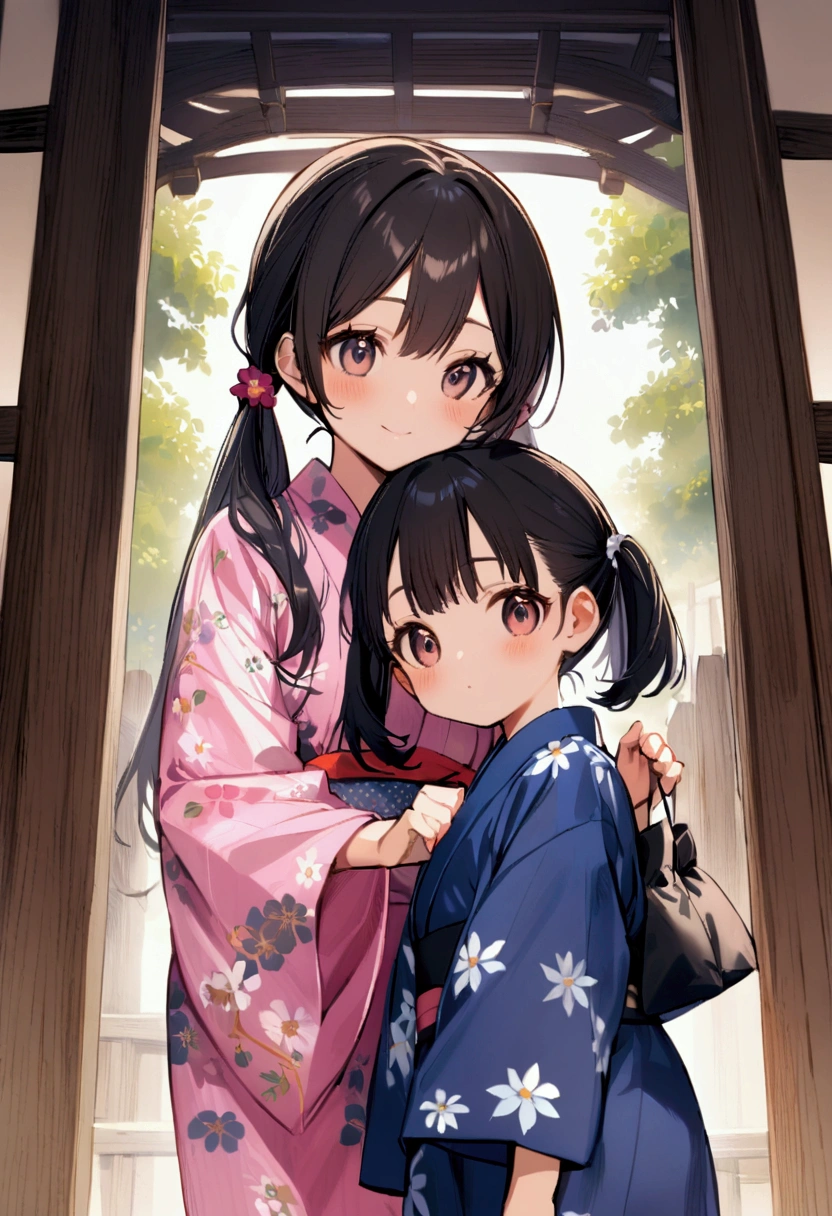 Two girls around 10 years old wearing yukata One of them was wearing a blue floral yukata and had black bob hair. One of them is wearing a pink floral yukata with twin tails. Both are the same age Same height