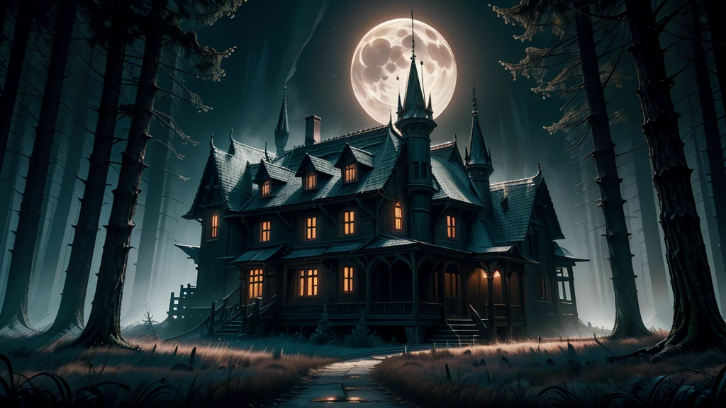 a beautiful haunting moonlit halloween night forest landscape, a dark mysterious castle in the background, a winding moonlit forest path, eerie moonlight, horror, spooky, (best quality,4k,8k,highres,masterpiece:1.2),ultra-detailed,(realistic,photorealistic,photo-realistic:1.37),cinematic lighting,dramatic shadows,moody atmosphere,dramatic lighting,vibrant colors,dark and moody,gothic,fantasy