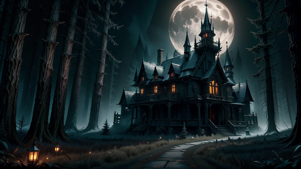 a beautiful haunting moonlit halloween night forest landscape, a dark mysterious castle in the background, a winding moonlit forest path, eerie moonlight, horror, spooky, (best quality,4k,8k,highres,masterpiece:1.2),ultra-detailed,(realistic,photorealistic,photo-realistic:1.37),cinematic lighting,dramatic shadows,moody atmosphere,dramatic lighting,vibrant colors,dark and moody,gothic,fantasy