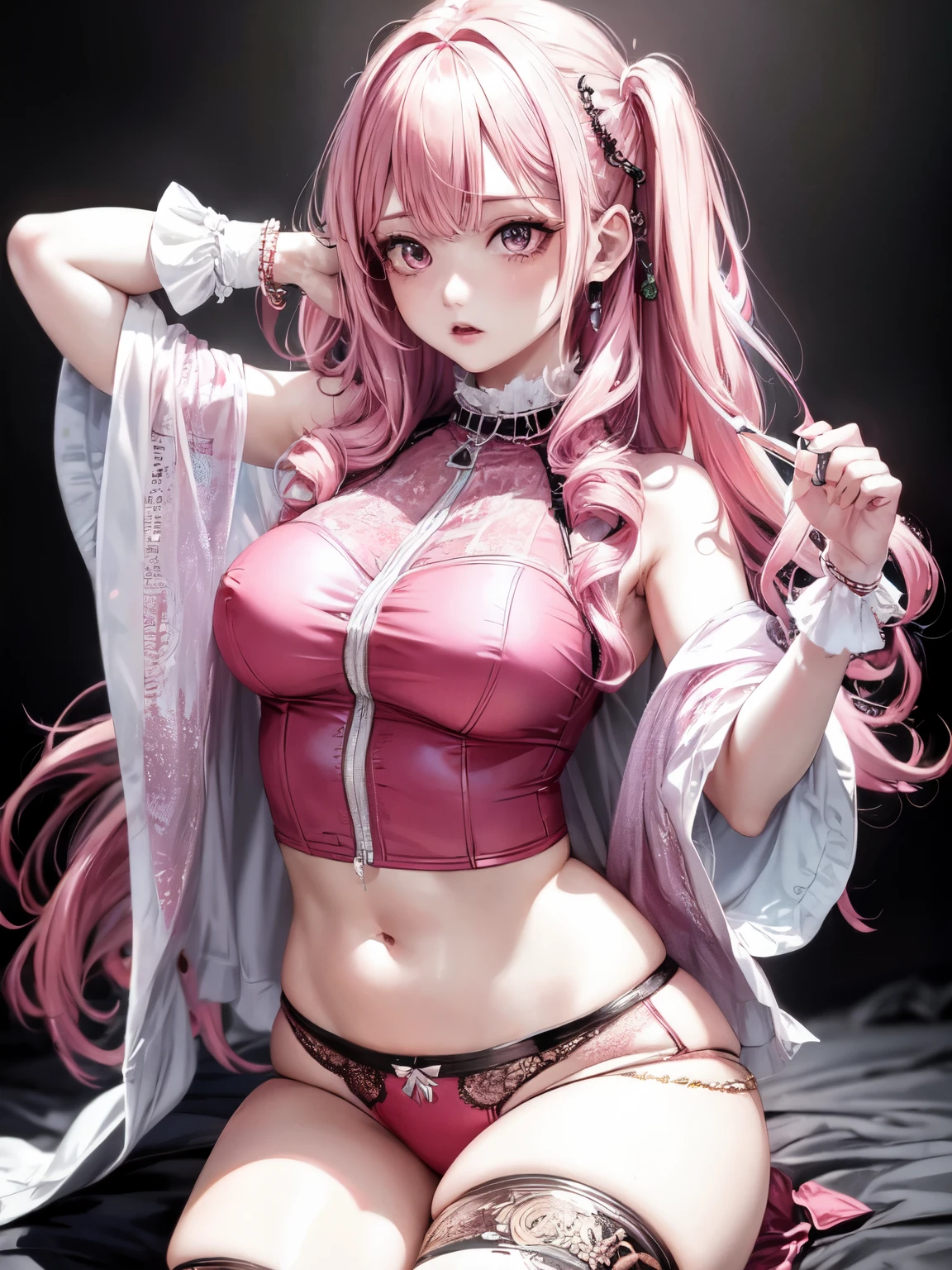 upturned eyes,pink hair,wave hair,intricate underwear,cosplay,best quality,masterpiece,ultra-detailed,wariza