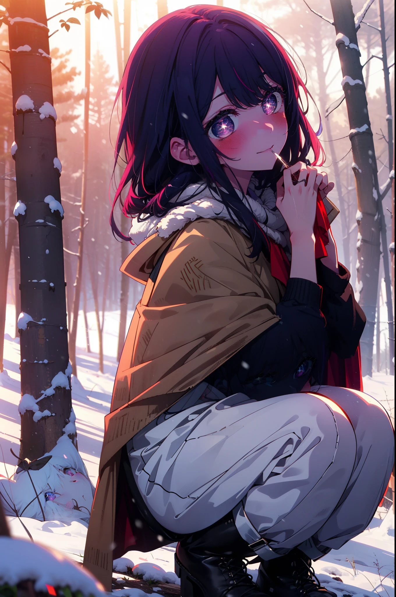 aihoshino, Ai Hoshino, Long Hair, bangs, (Purple eyes:1.1), Purple Hair, (Symbol-shaped pupil:1.5), smile,,smile,blush,white breath,
Open your mouth,snow,Ground bonfire, Outdoor, boots, snowing, From the side, wood, suitcase, Cape, Blurred, , forest, White handbag, nature,  Squat, Mouth closed, Cape, winter, Written boundary depth, Black shoes, red Cape break looking at viewer, Upper Body, whole body, break Outdoor, forest, nature, break (masterpiece:1.2), Highest quality, High resolution, unity 8k wallpaper, (shape:0.8), (Beautiful and beautiful eyes:1.6), Highly detailed face, Perfect lighting, Highly detailed CG, (Perfect hands, Perfect Anatomy),