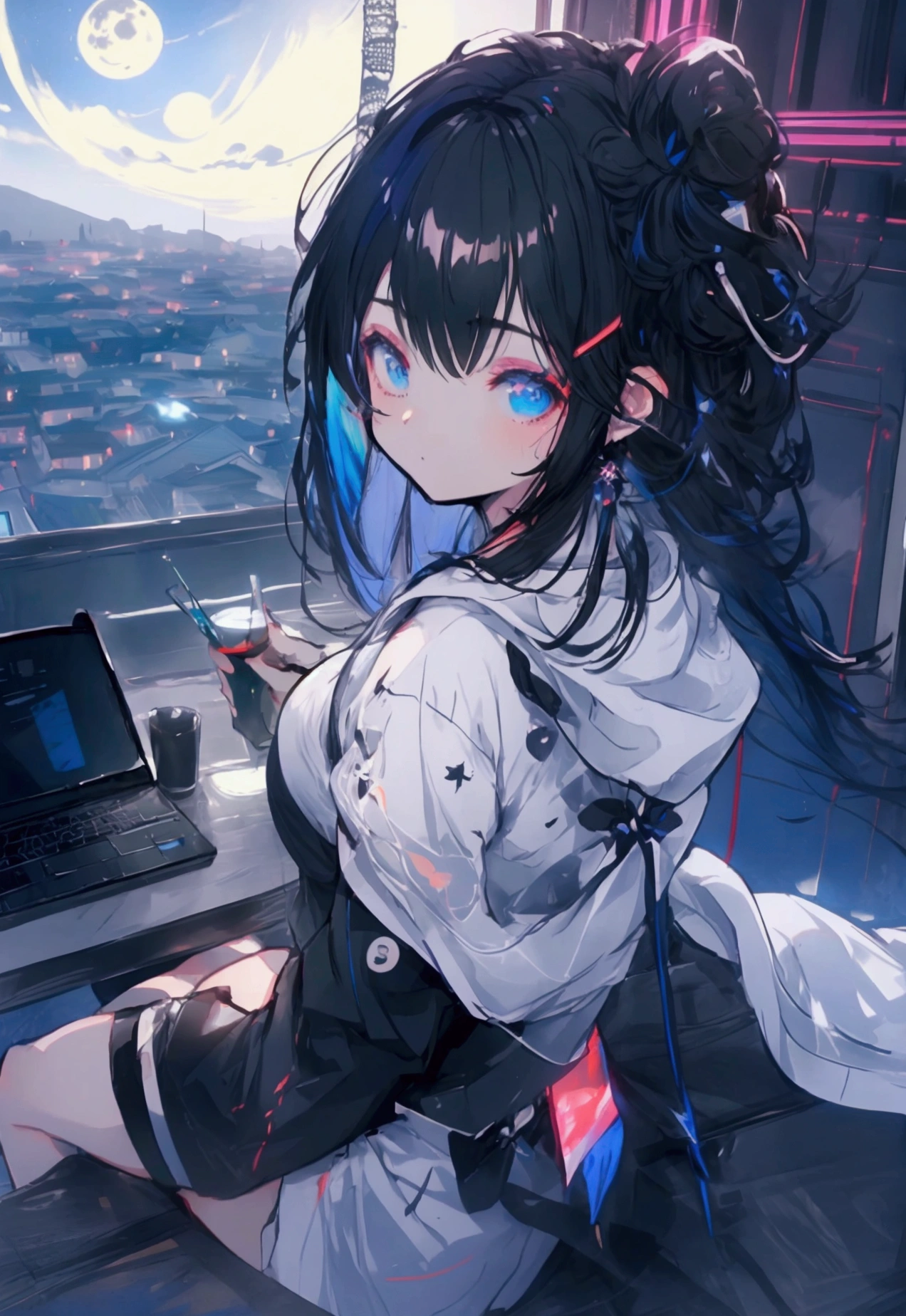 Top View、Using a laptop、Beautiful Face、Beautiful legs、Black Hair、On the roof、full moon,neon.hoodie,Sitting、IT Engineer、Building district、Meiji period、Landscape