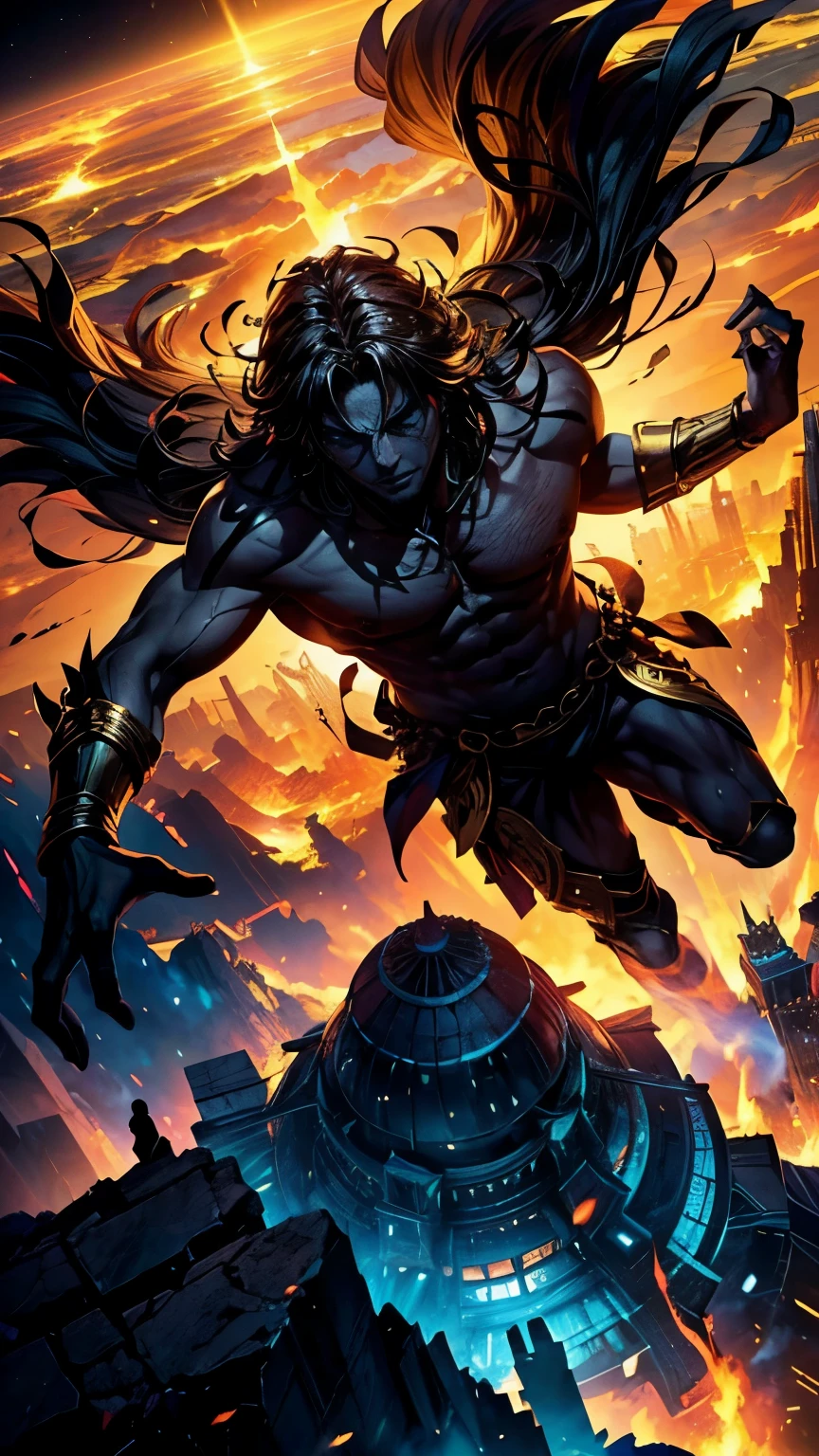 (from above:1.3), (((From directly behind))), Greek Mythology「God Dionysus」A scene in which he brings madness and destruction to his hometown of Thebes., ((Floating high in the air, he is a god clothed in golden light.々It exudes a powerful sense of dignity and an aura of intense madness.)), ((On the ground far below him))The landscape of Thebes is engulfed in flames,The temple collapses,The city was filled with chaos and fear., Many people have fallen in the city.,He is depicted as being overwhelmed by his divinity., The overall lighting is dramatic., The contrast between the darkness and the flames is emphasized.,The conflict between divinity and humanity is visually expressed,