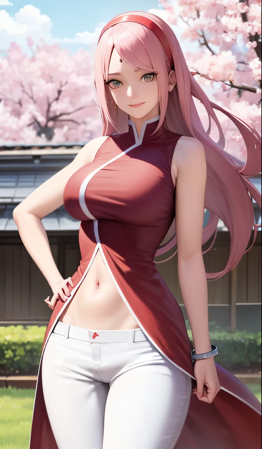 Realistic, Photorealistic,cowboy shot,masterpiece, absurdres ,1girl, hinata hyuga, forehead mark, red hairband, red sleeveless dress, white pants, navel, groin, bracelet, looking at viewer, smile, cherry blossoms, private garden, wind, floating hair, large breast ,(((wide hips))), toned body, detailed eyes,