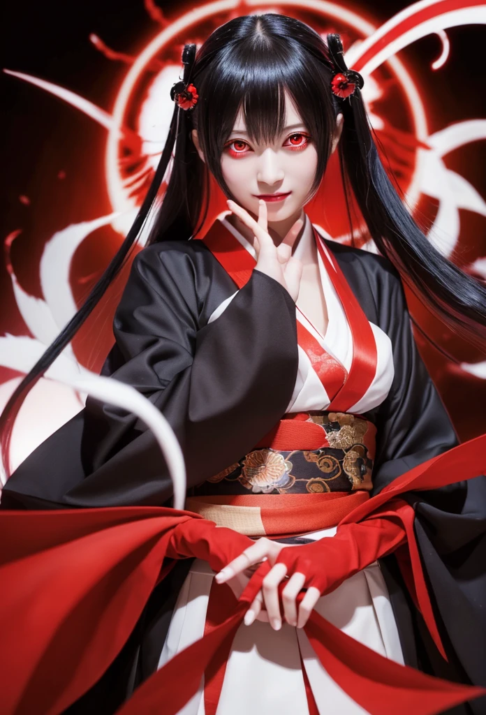 Top quality masterpiece, Akagi V5, One girl, alone, Black Hair, black kimono, Brown tail, Partially fingerless gloves, kimono, kimono, Long Hair, View your viewers, ((Red eyes)), smile, Glowing Eyes, put your hand on your face, Red spider lily, Sakuramon, ((Blood swirl)), (Yandere:1.4), (Glowing Eyes:1.4), Crazy Eyes, 