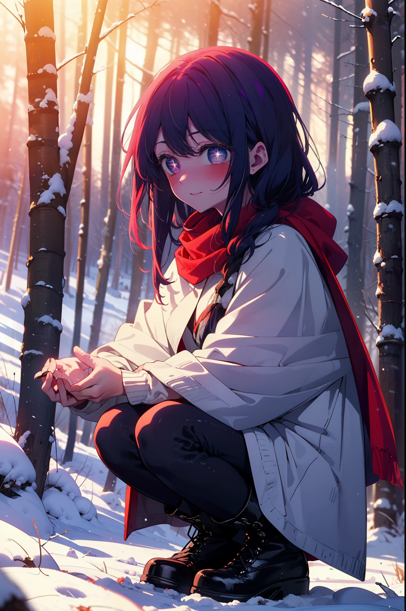aihoshino, Ai Hoshino, Long Hair, bangs, (Purple eyes:1.1), Purple Hair, (Symbol-shaped pupil:1.5), smile,,smile,blush,white breath,
Open your mouth,snow,Ground bonfire, Outdoor, boots, snowing, From the side, wood, suitcase, Cape, Blurred, , forest, White handbag, nature,  Squat, Mouth closed, Cape, winter, Written boundary depth, Black shoes, red Cape break looking at viewer, Upper Body, whole body, break Outdoor, forest, nature, break (masterpiece:1.2), Highest quality, High resolution, unity 8k wallpaper, (shape:0.8), (Beautiful and beautiful eyes:1.6), Highly detailed face, Perfect lighting, Highly detailed CG, (Perfect hands, Perfect Anatomy),