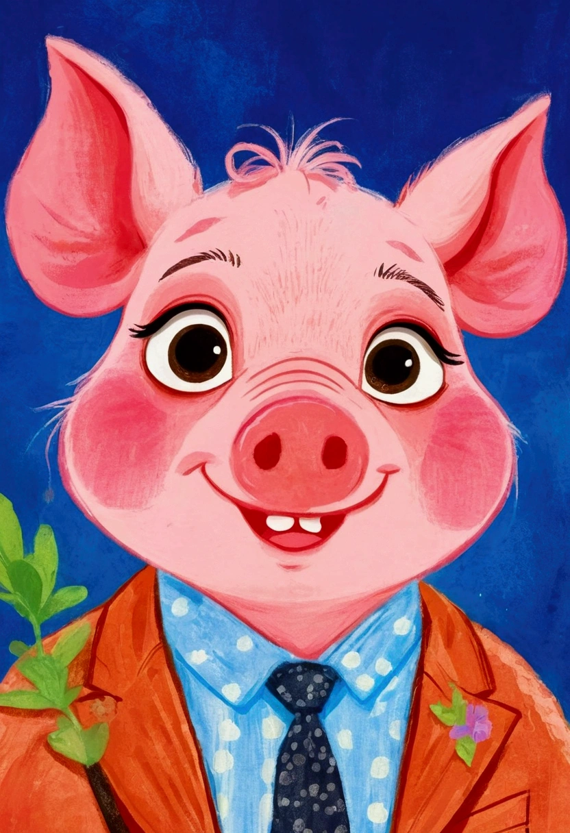 A painting。pastel artwork。Pig cartoon character, in style of disney zootopia,Vibrant cartoon art, disney zootopia,Hand drawn cartoon art style, 