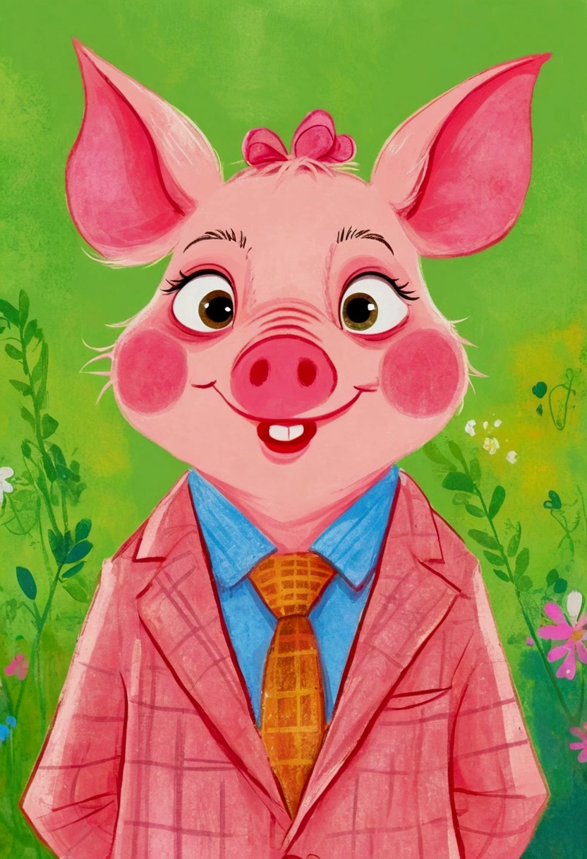 A painting。pastel artwork。Pig cartoon character, in style of disney zootopia,Vibrant cartoon art, disney zootopia,Hand drawn cartoon art style,