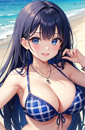 Highest quality、Highest quality、masterpiece、(8k),beauty(Age 25)、Navy blue long hair、blue eyes、Sexy Bikini(Plaid)、Big cleavage、(Big Breasts)、smile、blue necklace、Blue Earrings、background(Beach)、Please open your mouth wide、Plaidのリボンで髪を結ぶ、bracelet、Dynamic pose