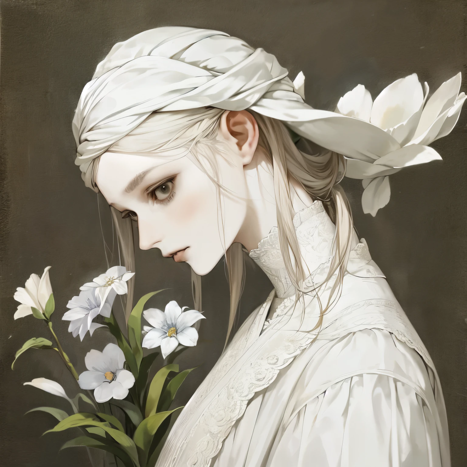 Lady with flowers in her hair is an acrylic painting, Lucy Glendinning's style, Tony Dietlitz, Organic and naturalistic composition, Flower Explosion, Ferris Piqué, Light orange and brown, Calm face - ar 3:4 -