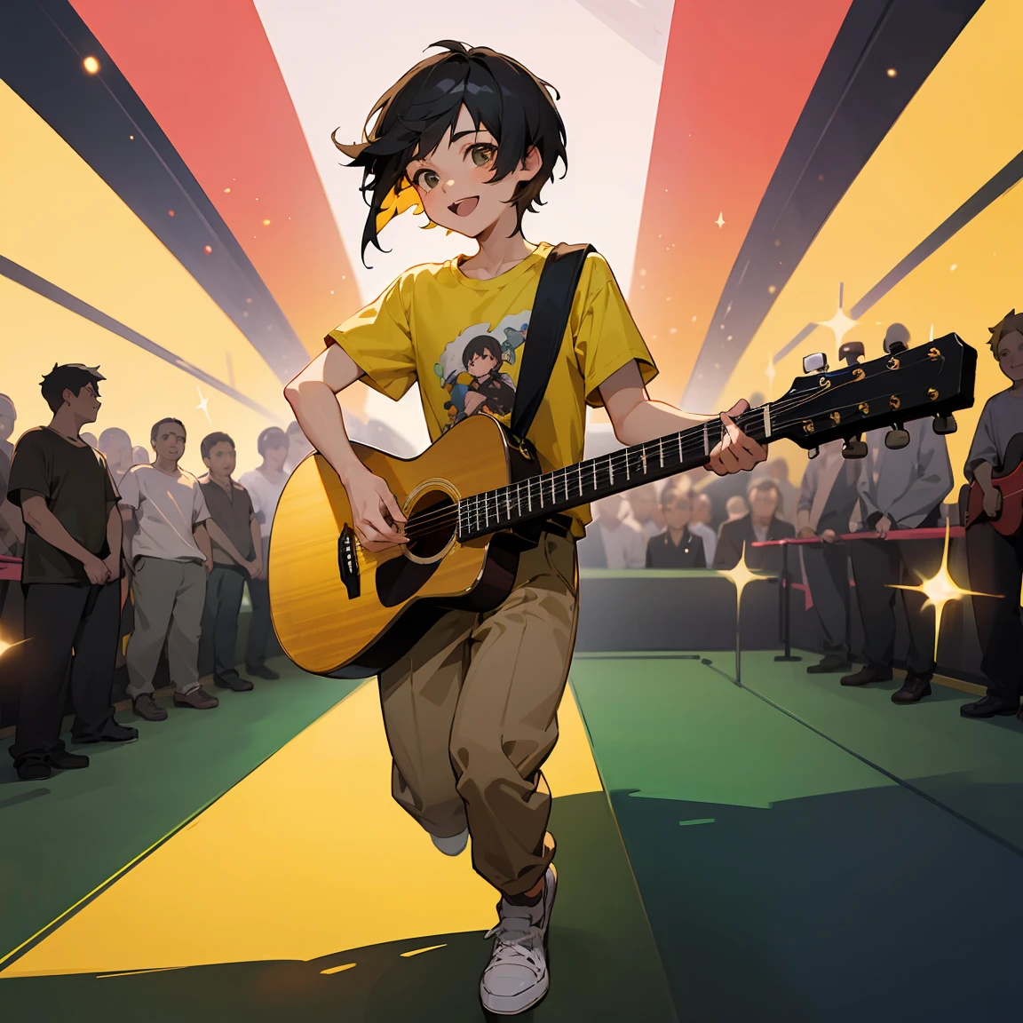 Highest quality、high resolution、An illustration、anime、boy、18-year-old、One person、whole body、boyish、smile、Sing a song、Short Hair、Black Hair、Yellow T-shirt、Black chinos、White sneakers、Acoustic guitar、Facing forward、Jump High、Point to the top right、