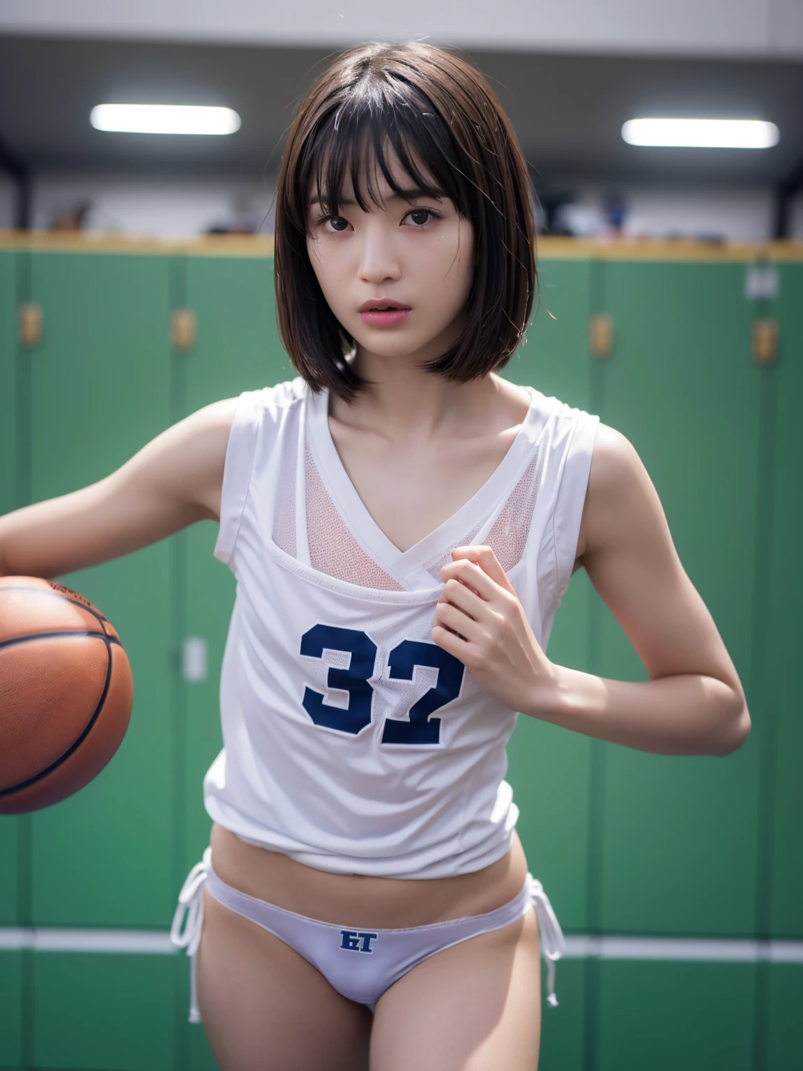 (masterpiece:1.2), Very detailed, Ultra-high resolution, (Realistic, photo Realistic:1.6), High-resolution RAW color photos, Professional photos, Sharp focus:1.2, (Very detailed顔と肌の質感, Very beautiful eyes, Glossのある肌, Glowing Skin, Glowing Skin, Shining Face, Gloss, Oily skin, greasy face, Oily skin, greasy face,),, (real Glossのある肌 texture), Perfect Anatomy, Very detailed背景,((locker room)), (1 female),25-year-old woman, Japanese women,Height: 168cm,(short hair, Straight hair, bangs, Brown Hair),(firm, flat chest:1.6),(((Thong Panties))),(Sweaty body:1.2)slender slender legs, (((sleeveless white basketball uniform))),,((Browsing Caution))、Except for basketball