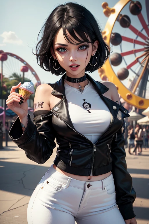 absurdrez, ultra details, high qualiy, Artwork, gorgeous eyes(detailedeyes), white blouse, Black jacke, white jeans, short messy black hair, fully body, facial expression laughing, super lashes, fully body, standing, tatoo, scar on the face, amusement park background, hoop earings, eyes locked, ice cream on hand