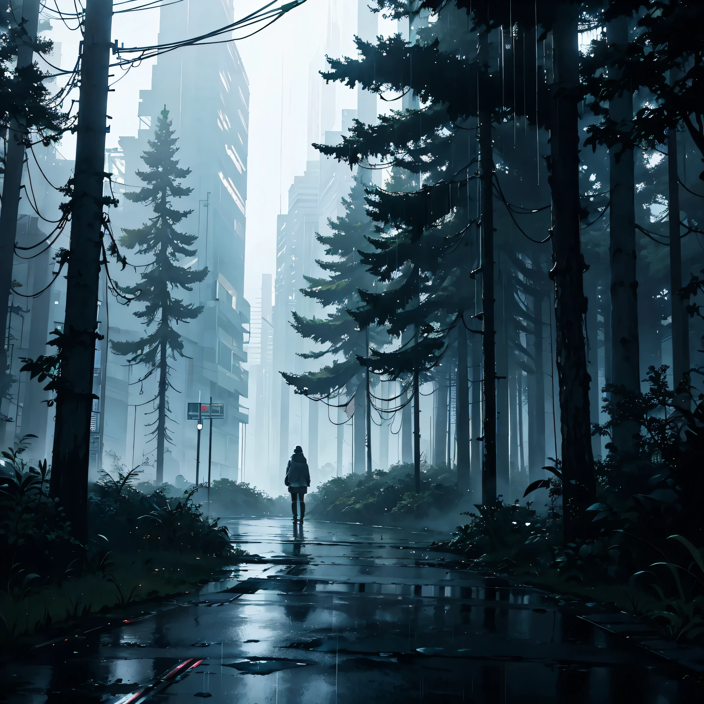 "Nighttime, intense rain pouring down, a winding road through the forest, with faint city lights visible in the distance." cyberpunk, heavy rain