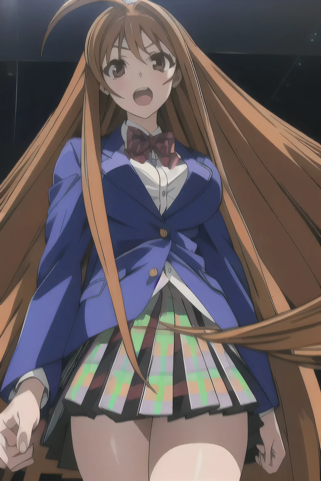 masterpiece, best quality, highly quality ,ultra high res , Aya-Natsume-KJ, open mouth, skirt, very long hair, , jacket, plaid, plaid skirt, from below, blazer