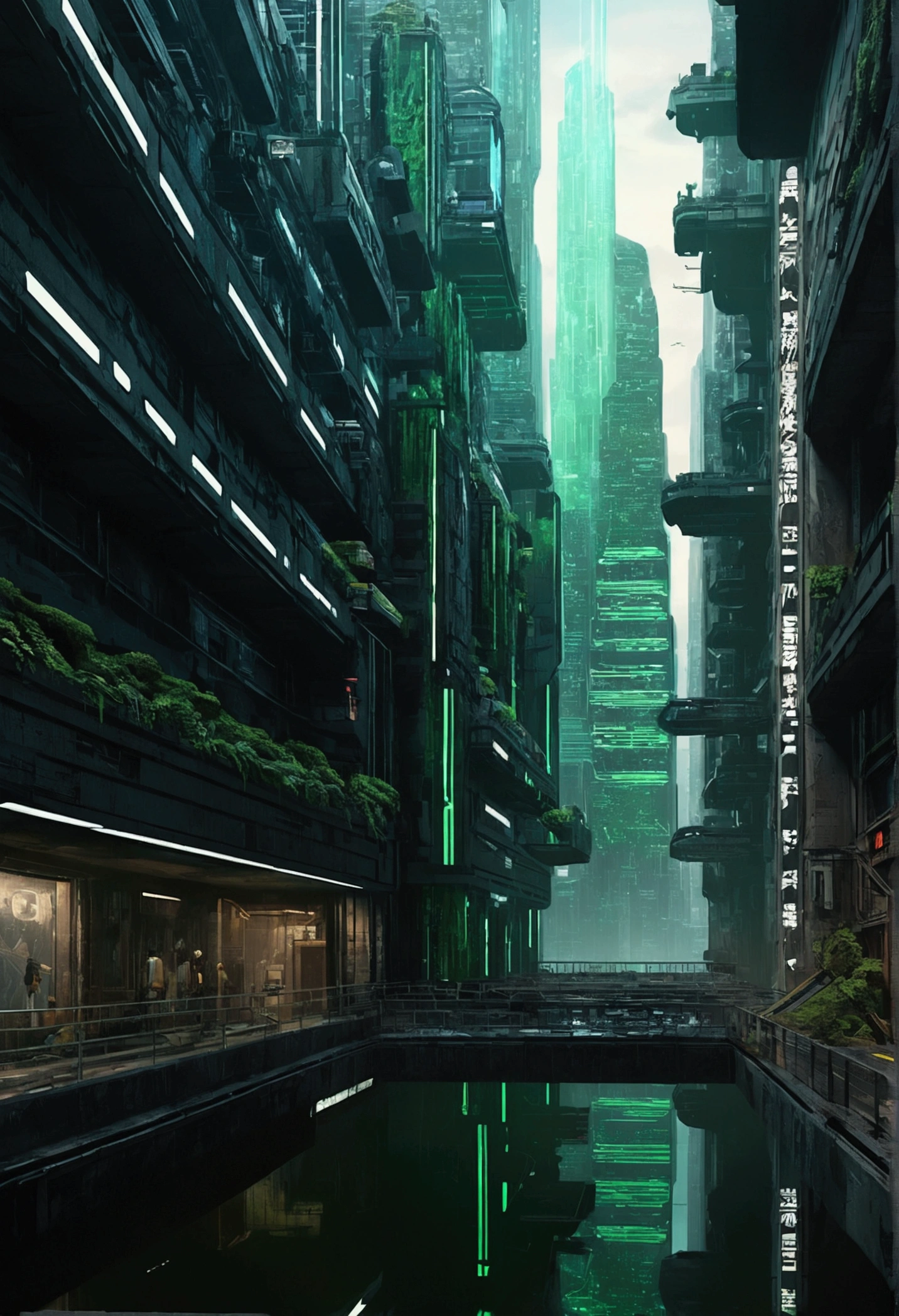 Highest quality, Realistic, High resolution, Ultra-detailed, Matrix Movie Architecture, Futuristic cityscape, Cyberpunk Style, Holographic Advertising, Neon Light, Towering Skyscrapers, A waterfall of digital rain, Glass and steel structure, bustling street, Flying vehicles, Virtual Reality Simulation, Elegant and minimalist design, Black and green color scheme, Buildings controlled by artificial intelligence, Surveillance camera, Underground tunnels, Dark Alley, Robot Agent, Drone, Matrix Code Transmission Bill, Post-apocalyptic atmosphere, Rebel Hideout, Hidden entrance, Twisted reality, glitch effect, reflection on glass surface, 神秘的で非Realisticな雰囲気, Somber Beauty, Dark and menacing tone, Submerged 3D environment, Infinity Skyline, Advanced Technology, Dystopian society.