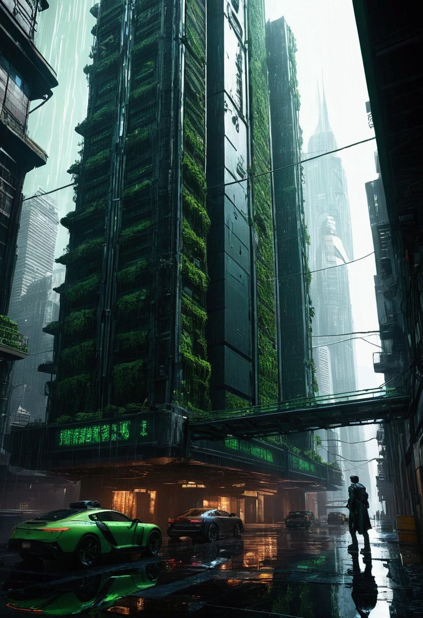 Highest quality, Realistic, High resolution, Ultra-detailed, Matrix Movie Architecture, Futuristic cityscape, Cyberpunk Style, Holographic Advertising, Neon Light, Towering Skyscrapers, A waterfall of digital rain, Glass and steel structure, bustling street, Flying vehicles, Virtual Reality Simulation, Elegant and minimalist design, Black and green color scheme, Buildings controlled by artificial intelligence, Surveillance camera, Underground tunnels, Dark Alley, Robot Agent, Drone, Matrix Code Transmission Bill, Post-apocalyptic atmosphere, Rebel Hideout, Hidden entrance, Twisted reality, glitch effect, reflection on glass surface, 神秘的で非Realisticな雰囲気, Somber Beauty, Dark and menacing tone, Submerged 3D environment, Infinity Skyline, Advanced Technology, Dystopian society.