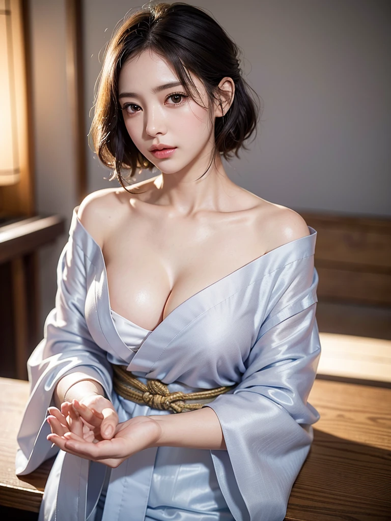 Mix 4, (8k, Live Shooting, Highest quality, masterpiece: 1.2), (Real, Photorealistic: 1.37), 一人のgirl, cute, night, rain, Wetty, Professional Lighting, Photon Mapping, Radio City, Physically Based Rendering, Gradient black hair, Gray Hair, Short Curly Hair, good looking, girl, Highest quality写真, High resolution, 1080P, (Clear Face), (Detailed face description), (Detailed hand description), (masterpiece), (Exquisite CG)、Extreme light and shadow、Disheveled Hair、Masterwork、Rich details、(Fine facial features)、(Highest qualityの写真)、(Masterpiece)、(Detailed eyes)、Look in front of you、Detailed clavicle、((Mid-breasted))、Nipple erection、Sexy、Lady、Clear、Smooth Hair、Clothes are not shiny、yukata、kimono、赤色の生地のkimono、花柄のkimono、Summer festival、stall、Begging expression、Looking up、Camera angle from above、The image angle depicts the woman from above.、Looking up、The gesture of looking at someone by turning only your eyes upwards、Face slightly downwards、Looking up only with eyes、The pupil is located at the top of the eye、