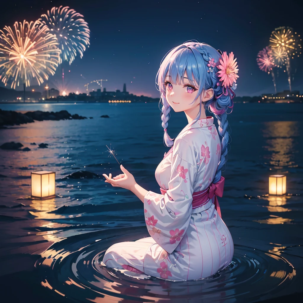 (Sky Blue Medium Hair:1.2), (Braided Hair),(Pink Eyes),Fair skin ,(whole body),(1 girl)、Floral Yukata、summer night、Extra-large fireworks filling the night sky、Huge fireworks launched from the sea、Watching the fireworks while sitting next to each other、smile、Beautiful woman looking back、Straight bangs,(masterpiece, Highest quality, Very detailed, Best Shadow), (Detailed Background), (Beautifully detailed face), High Contrast, (Best lighting, Very delicate and beautiful), ((Cinematic Light)), colorful, Hyper Detail 8k, Dramatic Light, Intricate details,Fireworks reflected on the water surface、