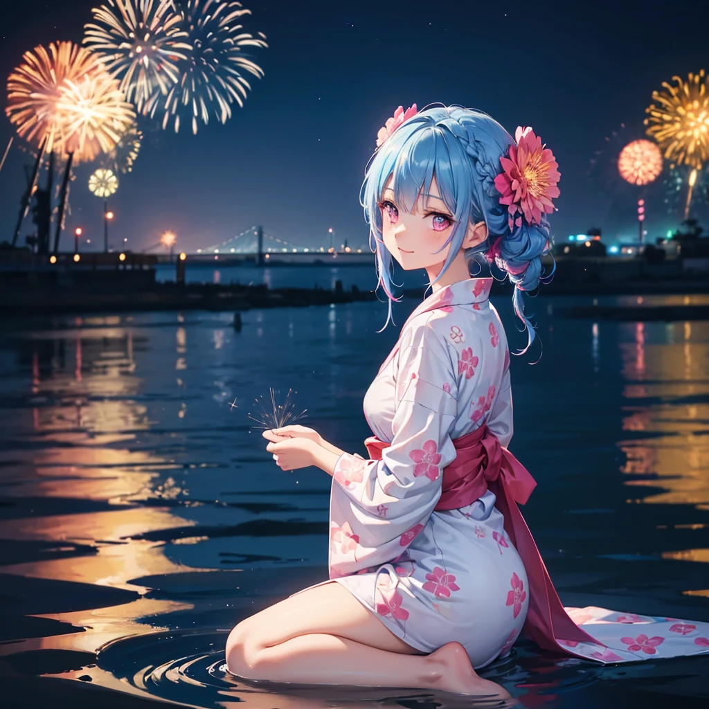 (Sky Blue Medium Hair:1.2), (Braided Hair),(Pink Eyes),Fair skin ,(whole body),(1 girl)、Floral Yukata、summer night、Extra-large fireworks filling the night sky、Huge fireworks launched from the sea、Watching the fireworks while sitting next to each other、smile、Beautiful woman looking back、Straight bangs,(masterpiece, Highest quality, Very detailed, Best Shadow), (Detailed Background), (Beautifully detailed face), High Contrast, (Best lighting, Very delicate and beautiful), ((Cinematic Light)), colorful, Hyper Detail 8k, Dramatic Light, Intricate details,Fireworks reflected on the water surface、