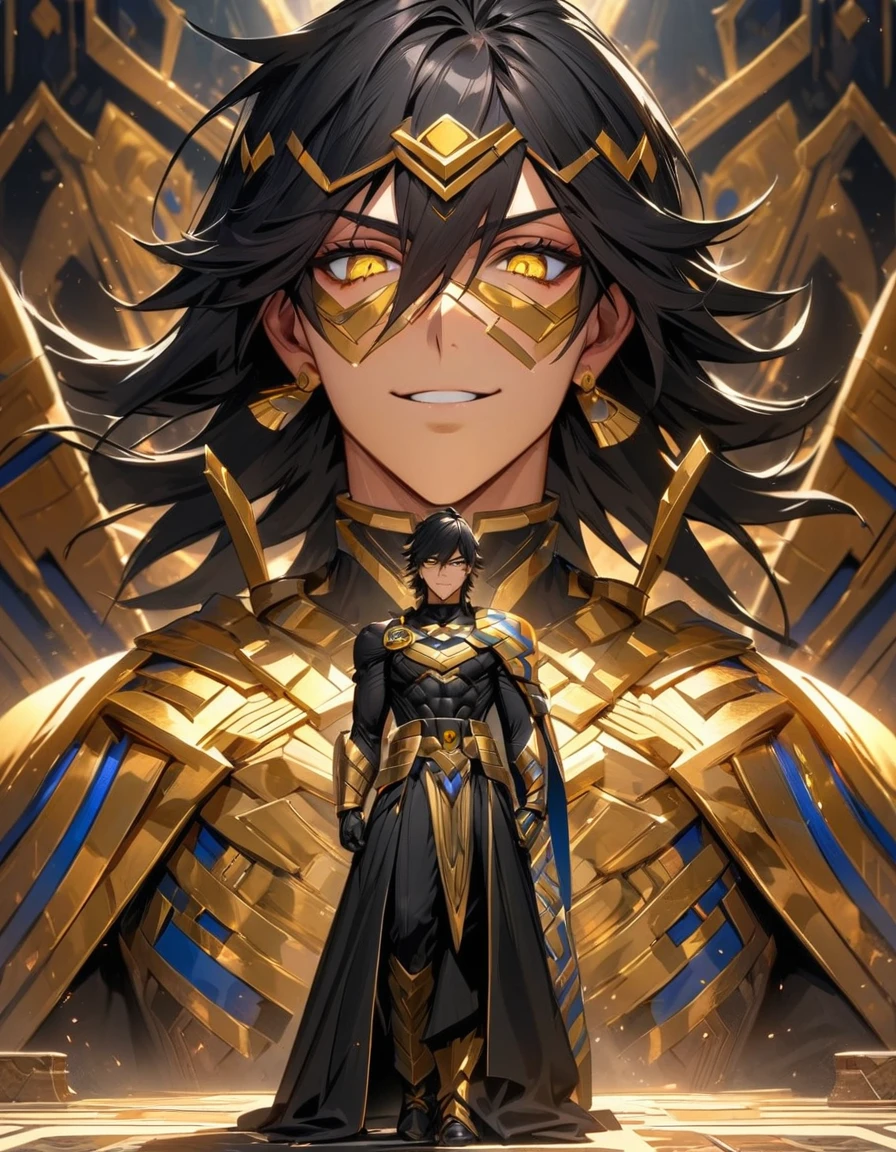 high resolution, ultra detaild, HDR, work of art, extremly detailed face and eyes, gorgeous eyes, face perfect, delicate features, OZYMANDIAS, Expressive yellow eyes, Bblack hair, fate Grand Order, pretentious smile, standing alone, sexy man, bonitas, black clothing.