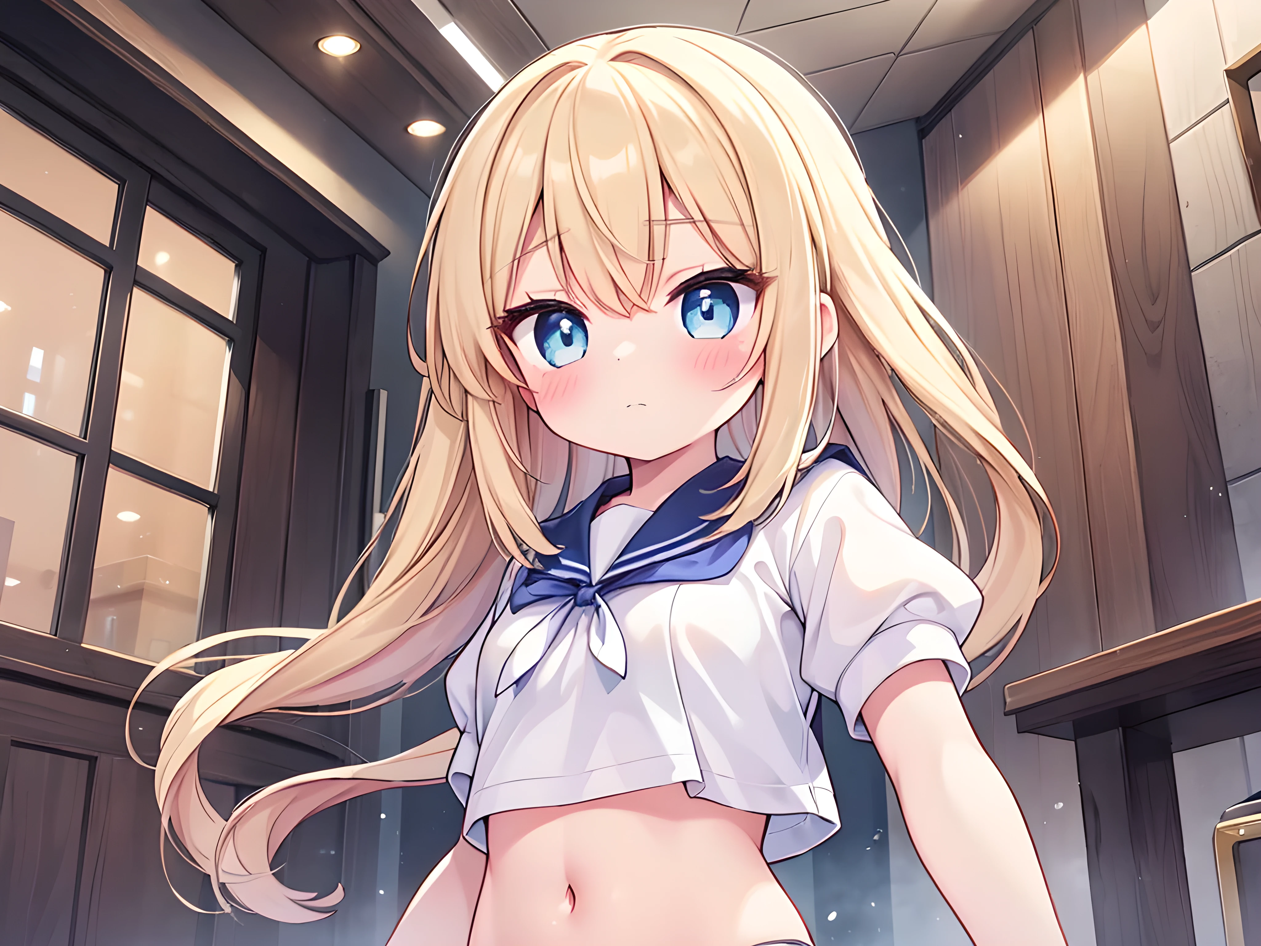 (1 girl), high school girl, blonde hair, blue eyes, very pretty and cute, white skin, long hair, ((from front: 1.8)), (upper body only in sailor suit: 1.3, lower body only in white panties: 1.4, lace panties), (standing with legs spread), navel, (blush, embarrassing), Chichipui-chan, (slightly downcast: 1.5, looking away: 1.6), cowboy shot, navel focus, inside gymnasium, blurred background,
BREAK
Masterpiece, top quality, exquisite illustration, high definition, high saturation, sharp contrast, detailed face, detailed eyes and pupils, fine detail, depth of field,