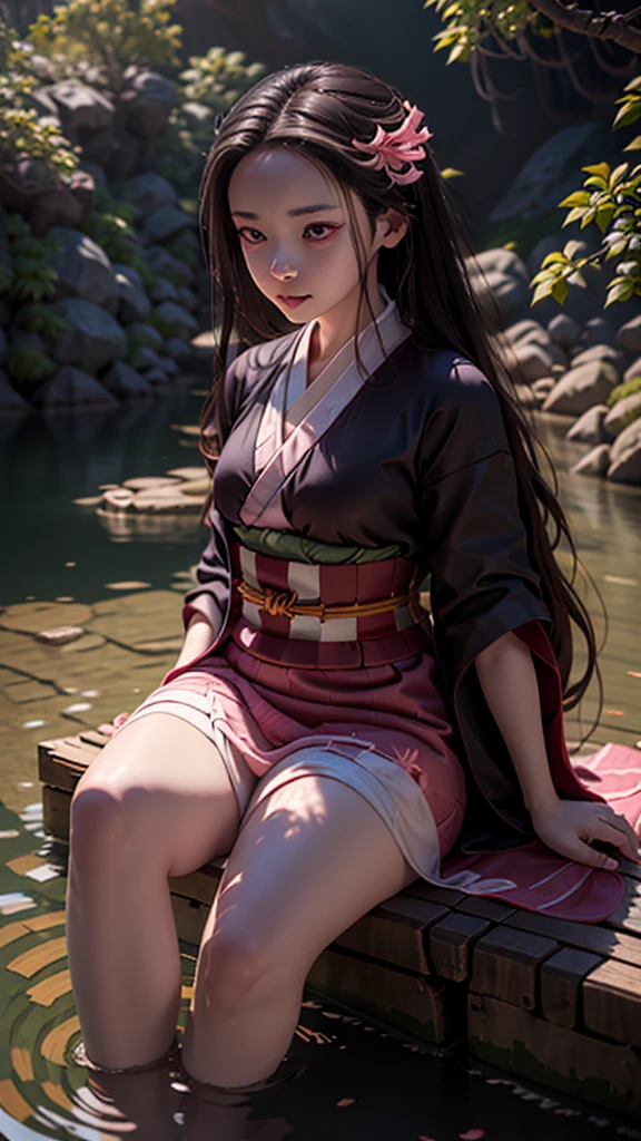 teks dengan kamera
a female character, wearing a plain colored kimono, named "NEZUKO" in the story "demon slayer" with pink eyes, flip-flops, with a mouth that is biting a large piece of bamboo, is sitting on the surface of the water, with realistic cherry blossom effects flying.