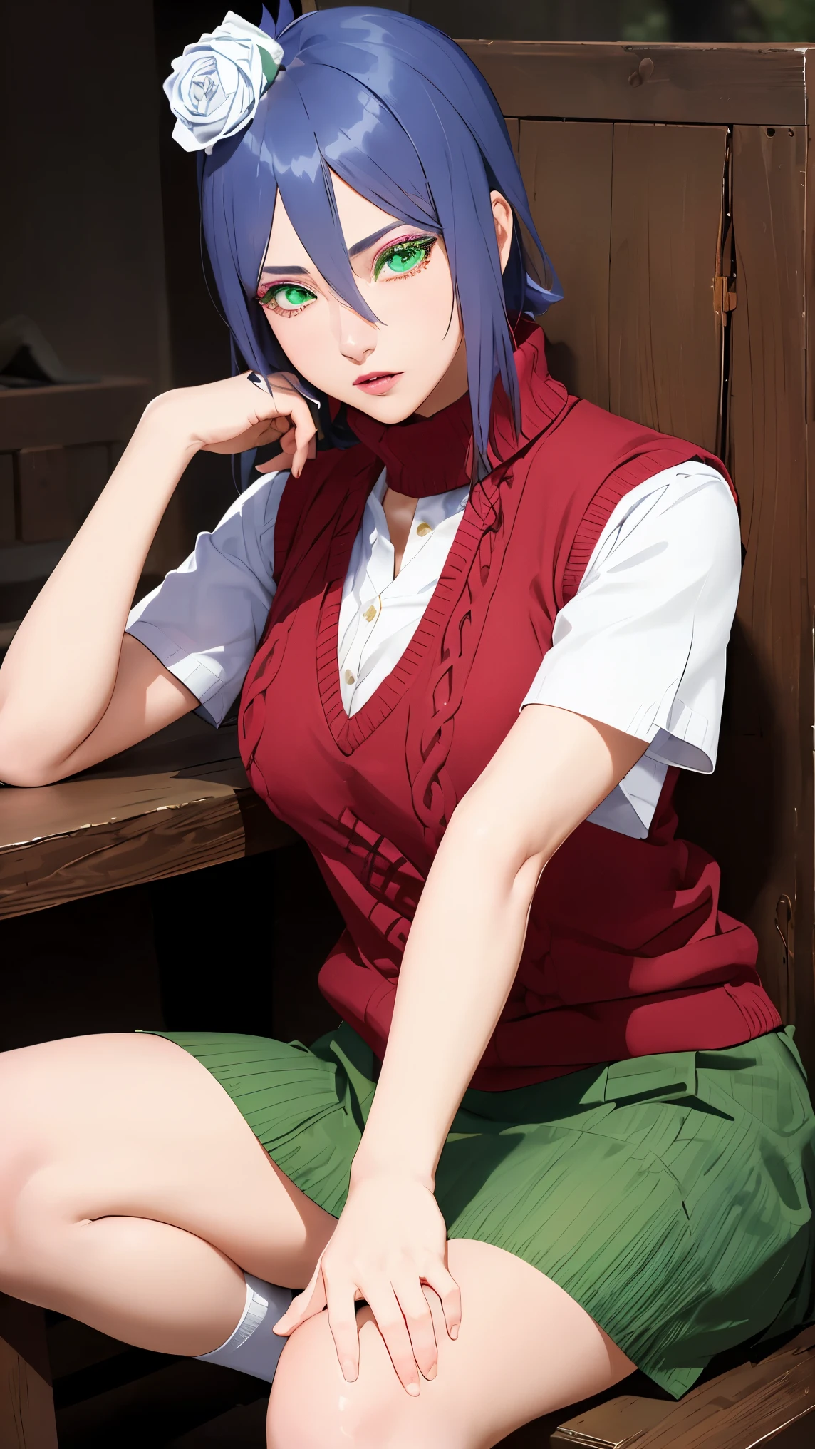 （（danya，konan \(naruto\),konan, blue hair, Orange pupils, short hair, hair ornament, flower, hair flower, ）））
BREAK ((white socks, green skirt, sweater vest, red sweater vest:1.5)) 
BREAK Tsundere,Evil smile,Top image quality,Best Quality,
BREAK (masterpiece:1.2), best quality, high resolution, unity 8k wallpaper, (illustration:0.8), (beautiful detailed eyes:1.6), extremely detailed face, perfect lighting, extremely detailed CG, (perfect hands, perfect anatomy),