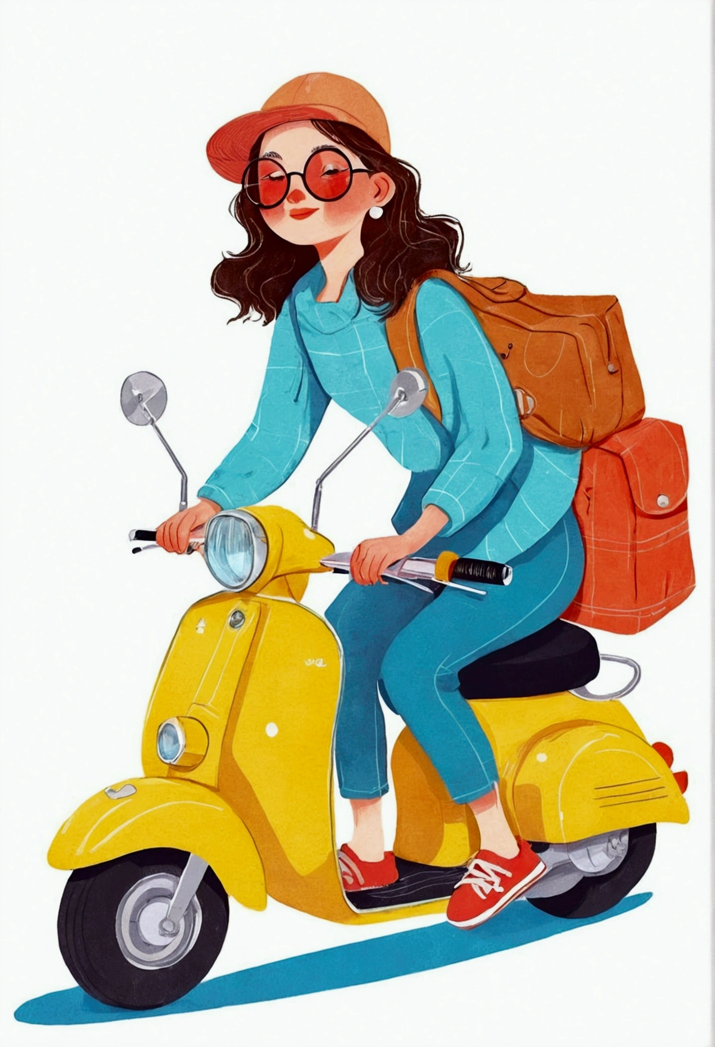 illustration of a woman riding a scooter with a bag on the back, Vector art provided by Kaja Foglio, Trending on Behance, Happening, illustration style, in style of digital illustration, cute illustration, rich and colorfull illustration, rich and colorful illustration, Lo-Fi Girl, rich and colorful! role conception, illustration!, flat illustration, cartoon style illustration, illustration », #illustration
