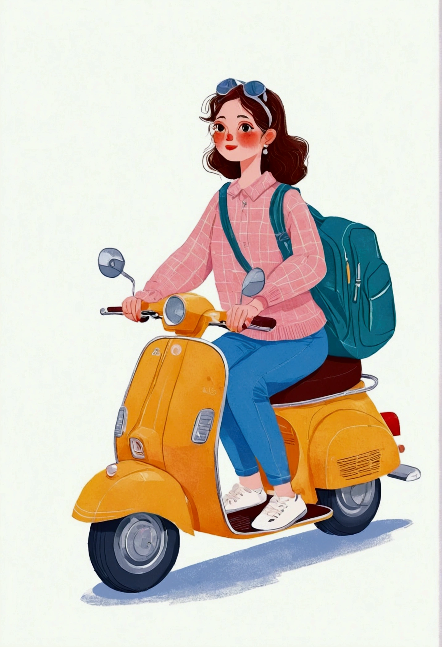 illustration of a woman riding a scooter with a bag on the back, Vector art provided by Kaja Foglio, Trending on Behance, Happening, illustration style, in style of digital illustration, cute illustration, rich and colorfull illustration, rich and colorful illustration, Lo-Fi Girl, rich and colorful! role conception, illustration!, flat illustration, cartoon style illustration, illustration », #illustration