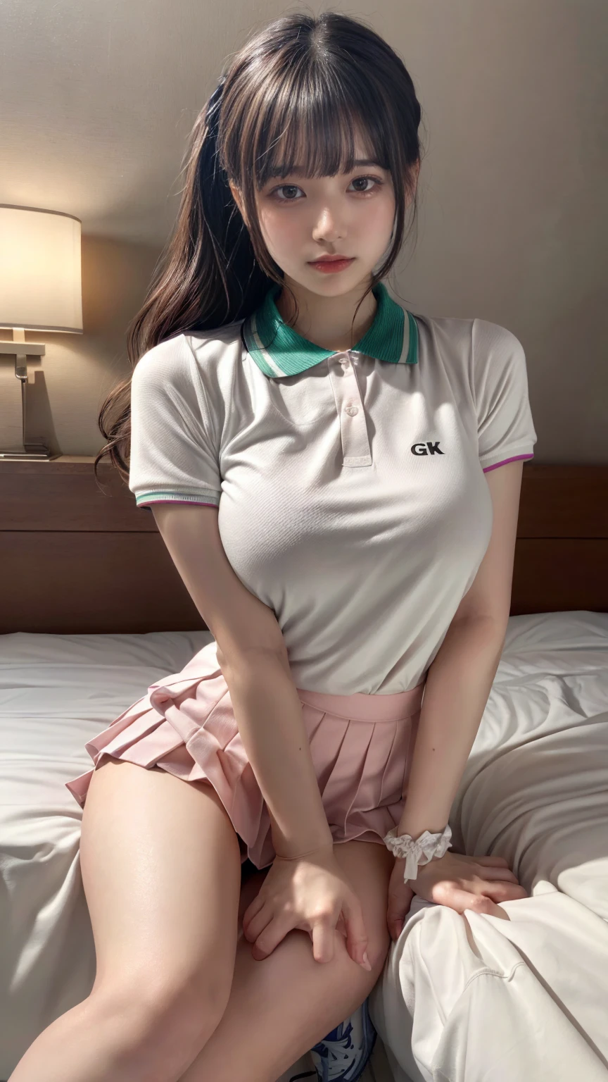 (absurdres:1.3), (highres:1.3), (ultra detailed:1.3),(1girl:1.3), (extremely detailed CG unity 8k wallpaper:1.3), (detailed skin texture, detailed cloth texture, detailed hair texture), (beautiful detailed face, supermodel, pale skin, realistic glistening skin), (RAW photo, best quality), (realistic, photo-realistic:1.4), masterpiece, extremely delicate and beautiful,Amazing, finely detail, extremely detailed CG unity 8k wallpaper, huge filesize, ultra-detailed, highres, absurdres, soft light,rim light, vibrant details, hotel room, straight hair, large breasts, black hair color, Big Natural Color Lip, (perfect body shape), beautiful legs, BREAK (white theme:1.4), (tucked-out short sleeve white polo shirt:1.4), (pink lines on tops outline:1.3), (pure white pleated mini skirt:1.3), (hem of top covers top half of skirt:1.3), (pink fluffy scrunchie on wrist:1.3), (white and pink sports shoes:1.2), crying a little、little smile, Harajuku style、20 year old girl、cute type、lolita、standing