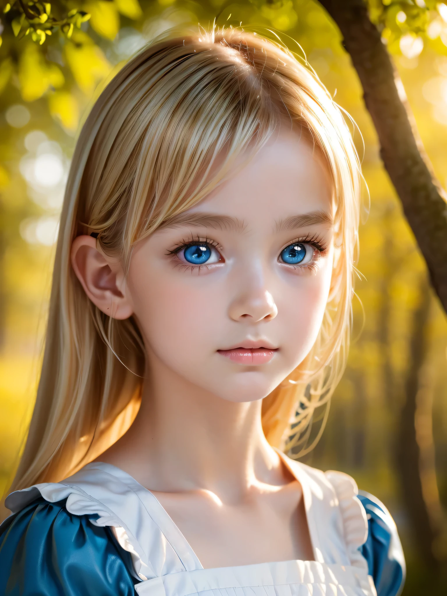 One Girl，(1人のとてもcute女の子:1.3)，masterpiece，Highest quality，High resolution，From below，Low - Angle，Photorealistic，RAW Photos，Ray Tracing，Physically Based Rendering，beautiful girl，(:1.3)，cute，Big Blue Eyes，(detailed pupils:1.2)，(Face turned to the side:1.3)，Body facing sideways，Beautiful nose，Upturned nose，Fuller lips，Platinum Blonde Hair，Detailed eyelashes，Thin eyebrows，Very fine grain definition，(Symmetrical eyes，Golden Ratio:1.3)，(Face close-up，Face Focus:1.0)，Small breasts，Short neck，Light blue dress，White apron，forest，Alice in Wonderland，Spring sunlight，Soft Light，Portrait，Look to the side，Upper Body，Cinema Lighting，High resolution，Very detailed