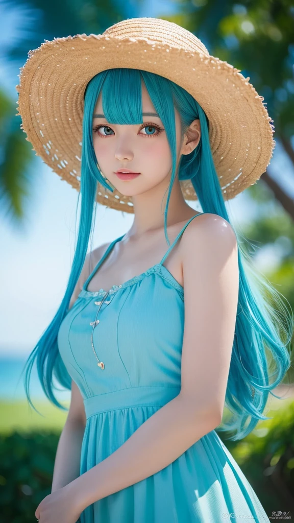 Blue haired anime girl in a straw hat and blue dress, artwork in the style of Gwaiz, Beautiful anime portraits, Gwaiz, Beautiful Anime Girls, beautiful Anime Style, Turquoise hair anime girl, Anime Style. 8k, In the art style of Bouwater, Beautiful digital illustrations, Beautiful character drawings, Stunning Anime Face Portraits