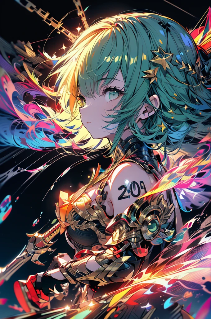 (Masterpiece, 4k resolution, ultra-realistic, very detailed), (Theme of knights of the zodiac, charismatic, there is a girl at the top of the city, wearing a golden gold armor Sagittarius knight, she is a superhero), [ ((20 years), (long green hair:1.2), full body, (green eyes:1.2), ((fighting pose),show of strength), ((sandy urban environment):0.8)| (cityscape, at night, dynamic lights), (full moon))
