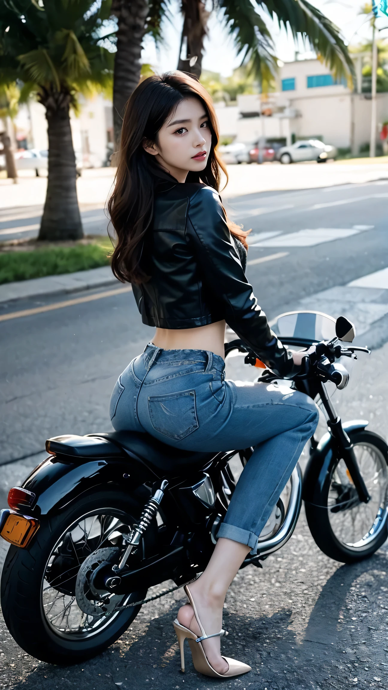 (Highest quality、Ultra-high resolution、8k、masterpiece、Realistic、Realistic)、(Cute Japanese 21 year old girl、1 person)、HA Rest、Brown Hair、Long Hair、(Small breasts:1.2、Small Ass)、Detailed Hair、Overly detailed face、Detailed skin、Detailed lips、HA Rest、Broad shoulders、Black leather jacket、Long leather belt、Long legs、Jean、(High heels:1.3)、break、(Driving a Harley Davidson:1.2、ride a bicycle、Rear View、Black Bikini、string、Her ass crack is clearly visible)、Beach、Palm tree、evening、Natural light