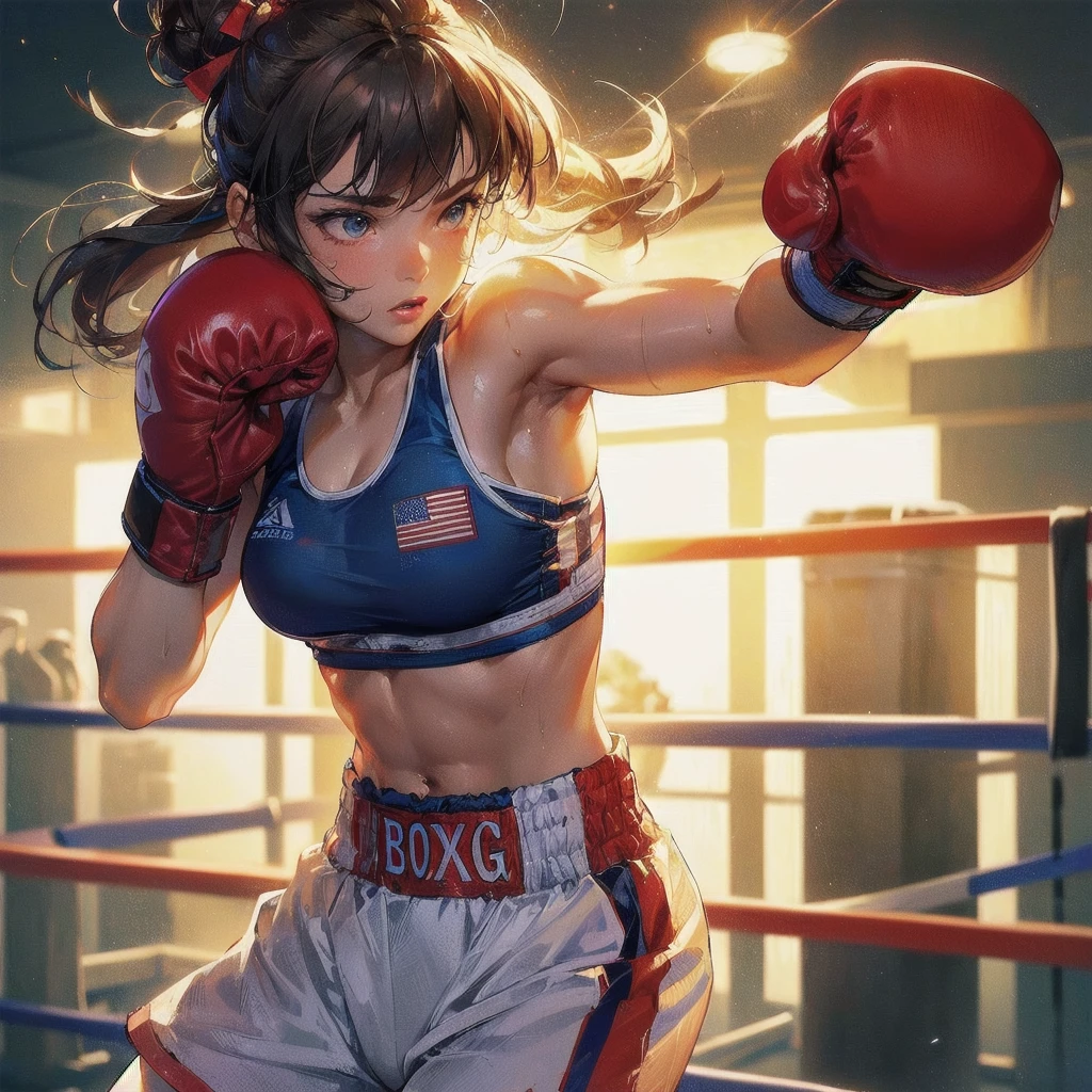 masterpiece, (textured skin), best quality, gorgeous beautiful girl, (a female boxing athlete), detailed clothes,large breasts,narrow waist,, (beautiful face), cinematic lighting, (at boxing venue ),
