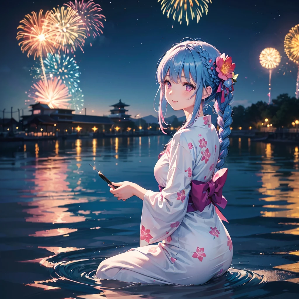 (Sky Blue Medium Hair:1.2), (Braided Hair),(Pink Eyes),Fair skin ,(whole body),(1 girl)、Floral Yukata、summer night、Extra-large fireworks filling the night sky、Huge fireworks launched from the sea、Watching the fireworks while sitting next to each other、smile、Beautiful woman looking back、Straight bangs,(masterpiece, Highest quality, Very detailed, Best Shadow), (Detailed Background), (Beautifully detailed face), High Contrast, (Best lighting, Very delicate and beautiful), ((Cinematic Light)), colorful, Hyper Detail 8k, Dramatic Light, Intricate details,Fireworks reflected on the water surface、