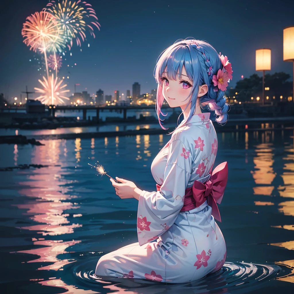 (Sky Blue Medium Hair:1.2), (Braided Hair),(Pink Eyes),Fair skin ,(whole body),(1 girl)、Floral Yukata、summer night、Extra-large fireworks filling the night sky、Huge fireworks launched from the sea、Watching the fireworks while sitting next to each other、smile、Beautiful woman looking back、Straight bangs,(masterpiece, Highest quality, Very detailed, Best Shadow), (Detailed Background), (Beautifully detailed face), High Contrast, (Best lighting, Very delicate and beautiful), ((Cinematic Light)), colorful, Hyper Detail 8k, Dramatic Light, Intricate details,Fireworks reflected on the water surface、
