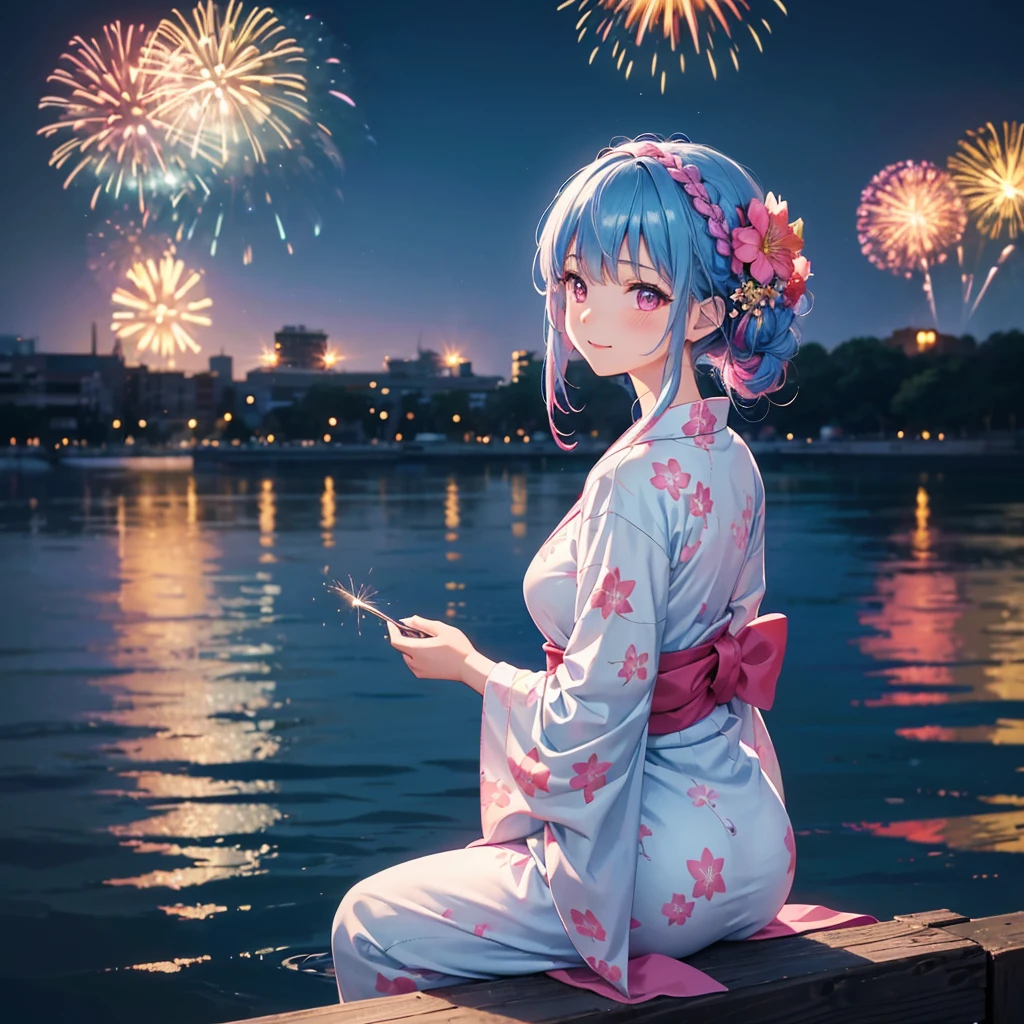 (Sky Blue Medium Hair:1.2), (Braided Hair),(Pink Eyes),Fair skin ,(whole body),(1 girl)、Floral Yukata、summer night、Extra-large fireworks filling the night sky、Huge fireworks launched from the sea、Watching the fireworks while sitting next to each other、smile、Beautiful woman looking back、Straight bangs,(masterpiece, Highest quality, Very detailed, Best Shadow), (Detailed Background), (Beautifully detailed face), High Contrast, (Best lighting, Very delicate and beautiful), ((Cinematic Light)), colorful, Hyper Detail 8k, Dramatic Light, Intricate details,Fireworks reflected on the water surface、