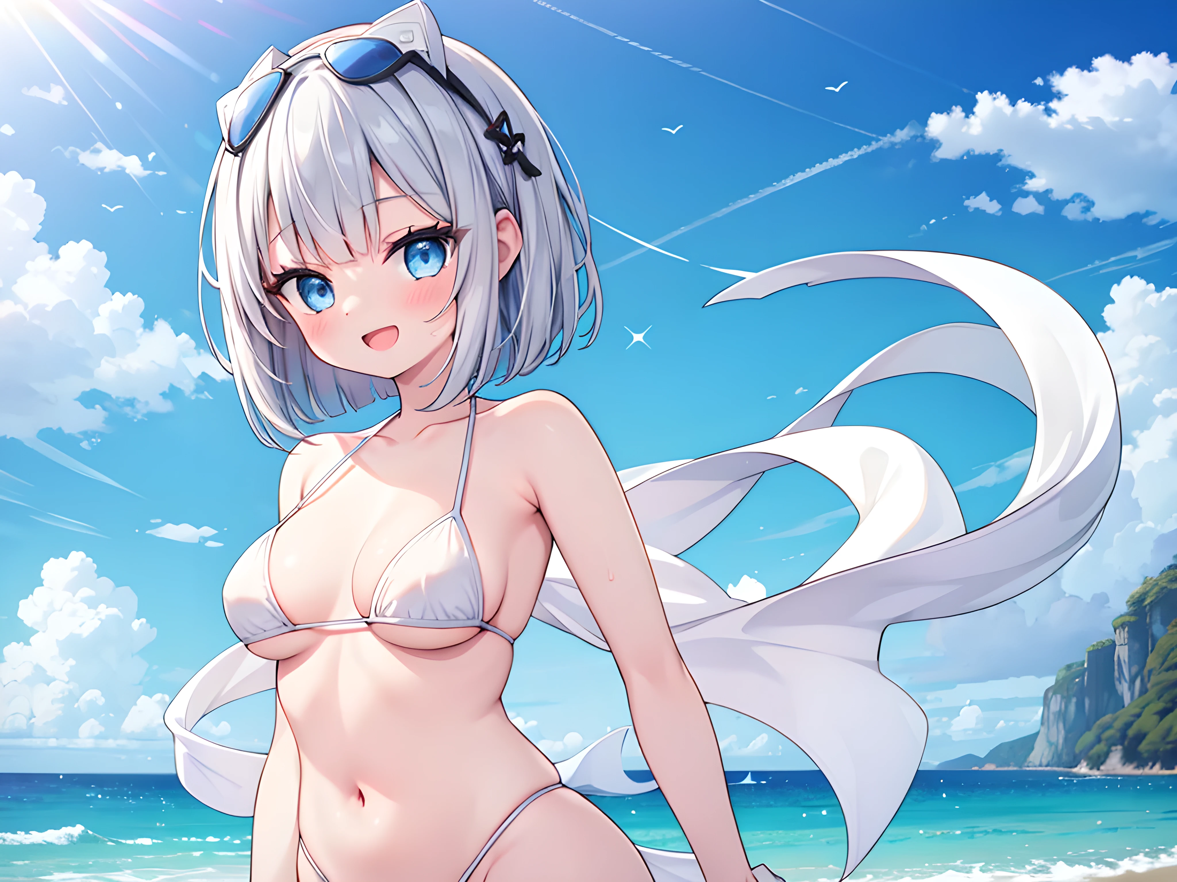 Absurdres, masterpiece, best quality, (ultra-detailed), (nice hands, perfect hands), ideal ratio body proportions,
BREAK
((1girl)), solo, stand, (contrapposto), (arms at sides), close-up upper body, dynamic angle, from below, in the sandy beach, ocean, waves, splashing, blue sky, windy, rim light, sunlight, beautiful lighting,
BREAK
cute girl, 18 years old, detailed blue eyes, (eyes highlight), (silver medium bob hair:1.2), medium breasts, cheerful smile, open mouth widely, full-face blush, floating hair,
BREAK
(wearing white micro bikini:1.2), (sunglasses on head:1.2), navel, barefoot