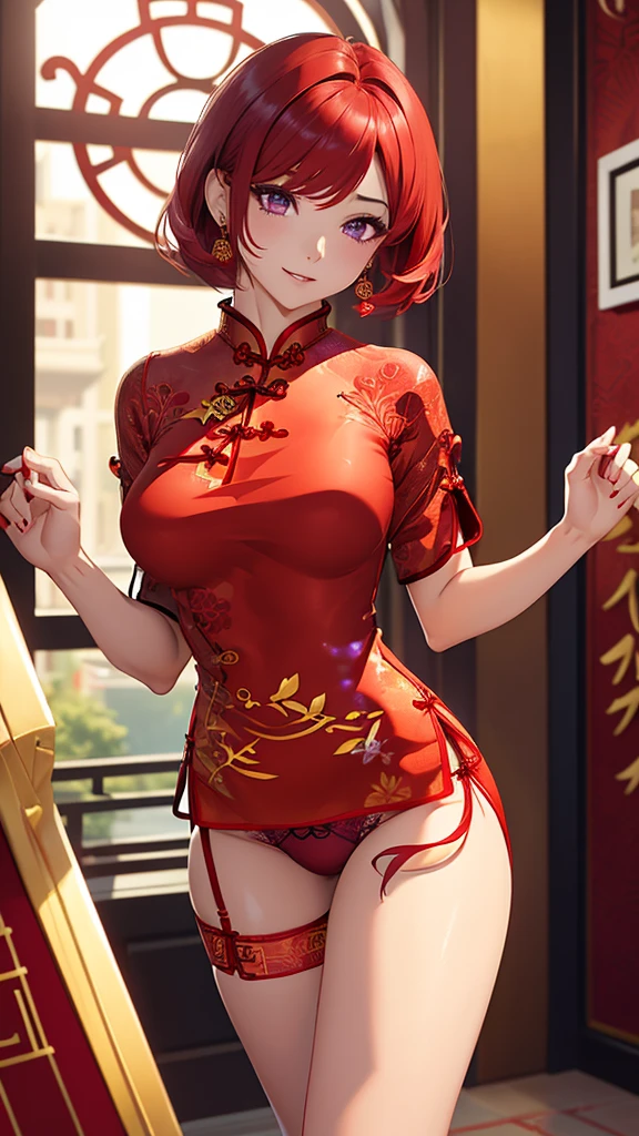 Highest quality、highest quality、Highest Resolution、beautiful girl, Bright red hair,Short Hair、Big Breasts、Hair clip, Detailed purple eyes, ((Red cheongsam like underwear:1.4)),Firm breasts,Gold Necklace、Golden earrings、In close range