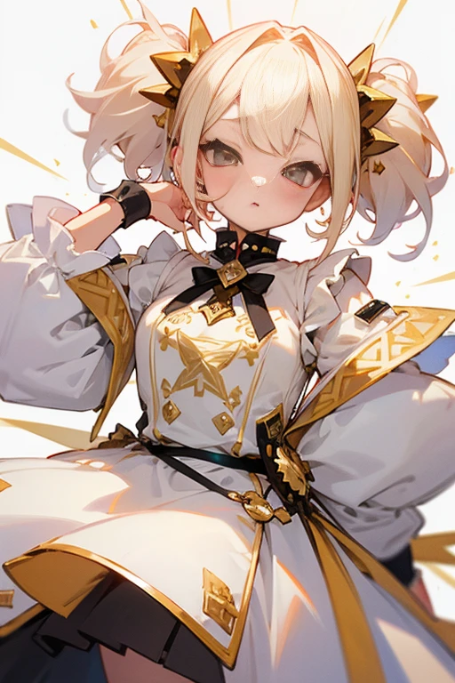 Short white hair, blush, Princess、Punk Fashion、Headbang 2.、White clothes、Twin tails、sharp、(Gold decoration)